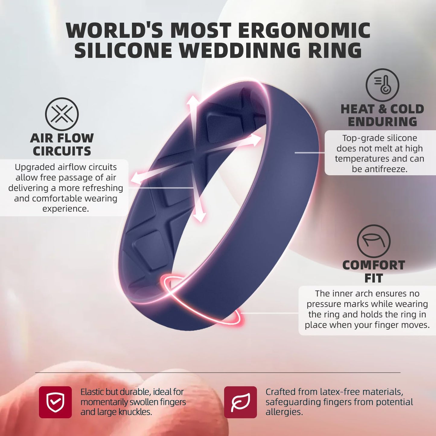 Egnaro Women's Engagement Rings, Silicone Inner Arc Ergonomic Breathable Design with half sizes, Rubber Wedding Band Rings，5.5mm Wide-2mm Thick