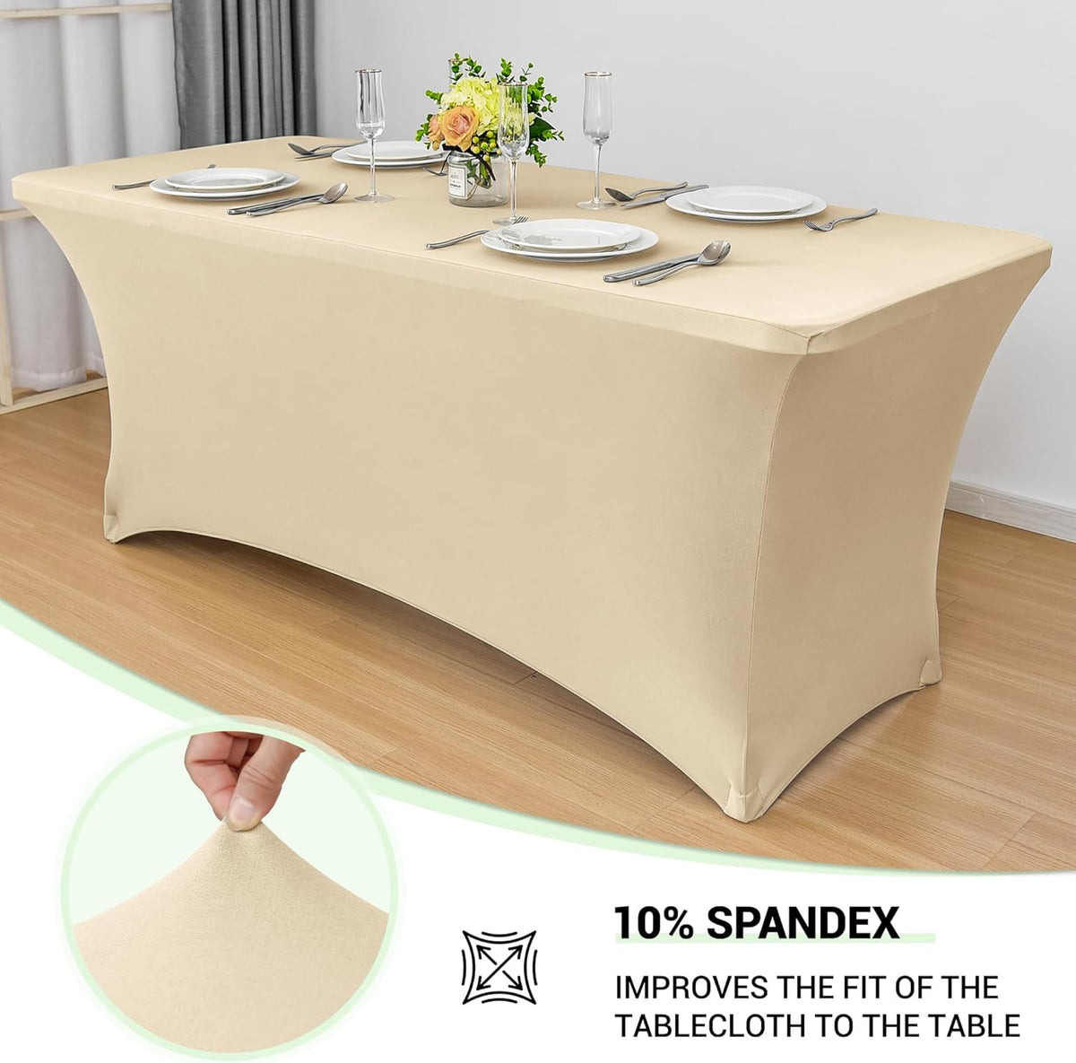 Obstal 8Ft Stretch Spandex Table Cover for Standard Folding Tables - 2 Pack Universal Rectangular Fitted Tablecloth for Party, Banquet, Events, Trade Show (Champagne, 96L x 30W x 30H Inches)