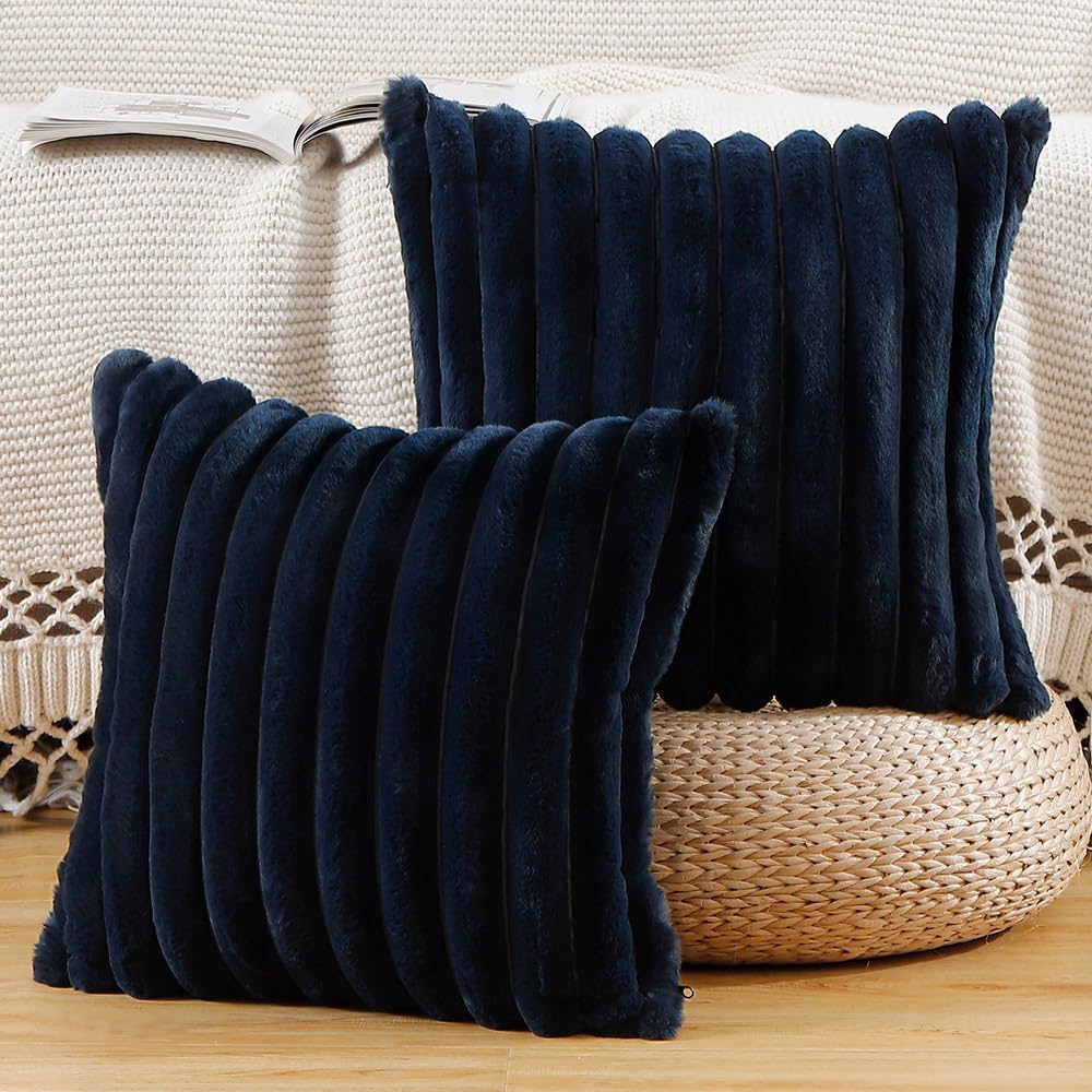 MADIZZ Set of 2 Faux Wool Plush Decorative Throw Pillow Covers 24x24 Inch Dark Blue Fluffy Striped Soft Decorative Cushion Cover for Sofa Bedroom Pillow Shell