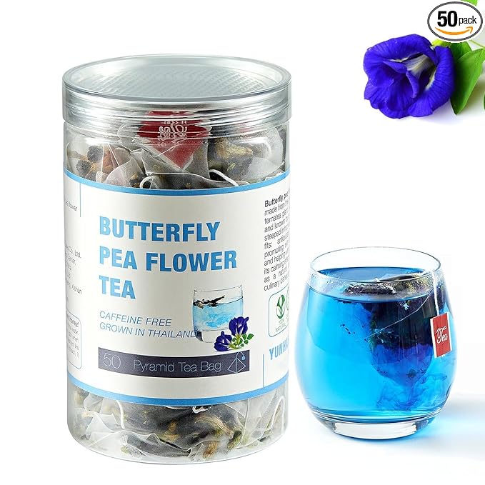 50 Dried Blue Butterfly Pea Flower Tea Bags | Thai Herbal Tea | Blue Purple Pea Tea | Caffeine-Free, Gluten-Free, Non-GMO | Ideal for Cooking, Iced Tea, Coolers, Cocktails and Mocktails