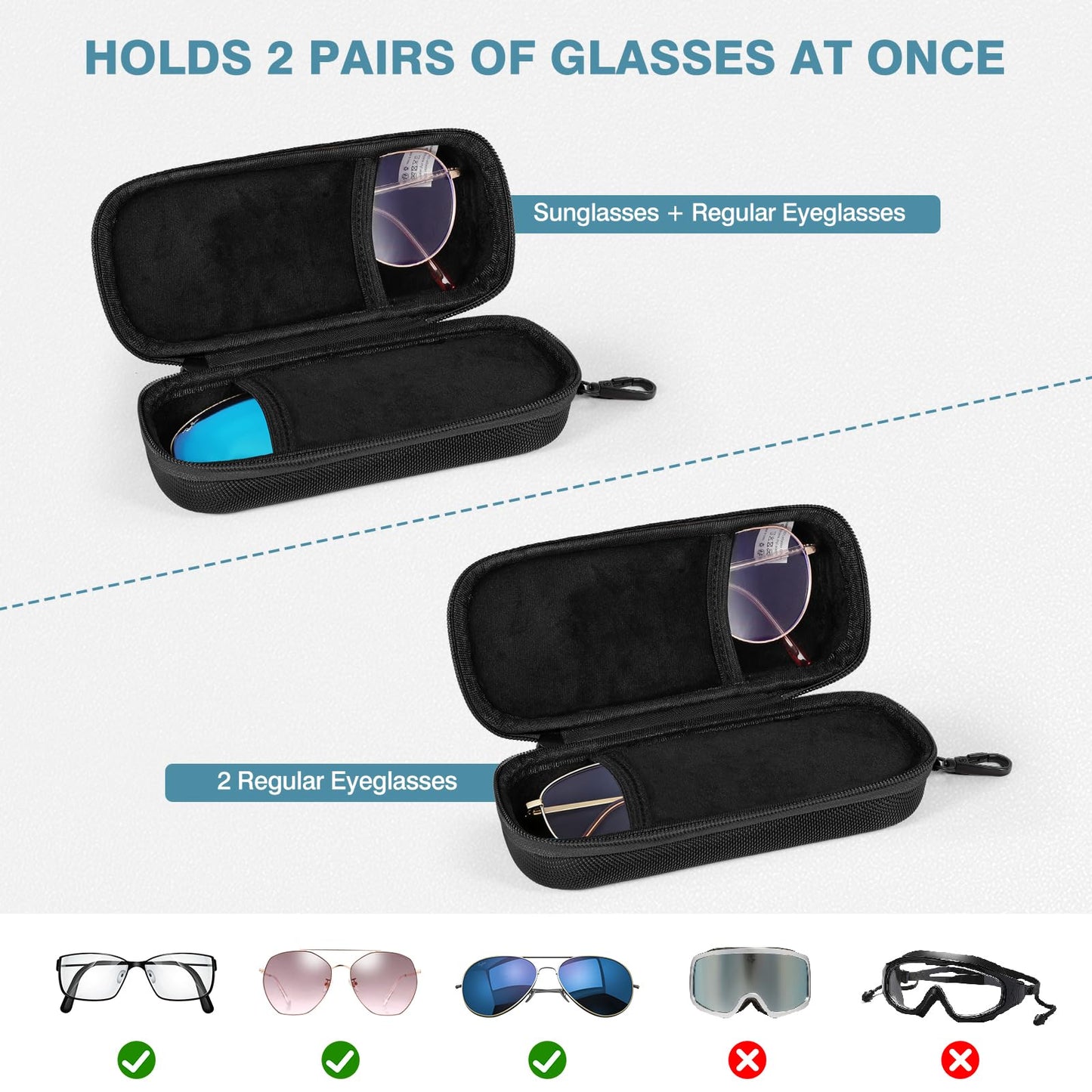 MoKo Double Eyeglass Case, Hard Shell Dual Glasses Case, Portable Travel Sunglass Organizer with Zipper Closure, Eyeglasses Storage Box for Men, Women, Black-Rectangular