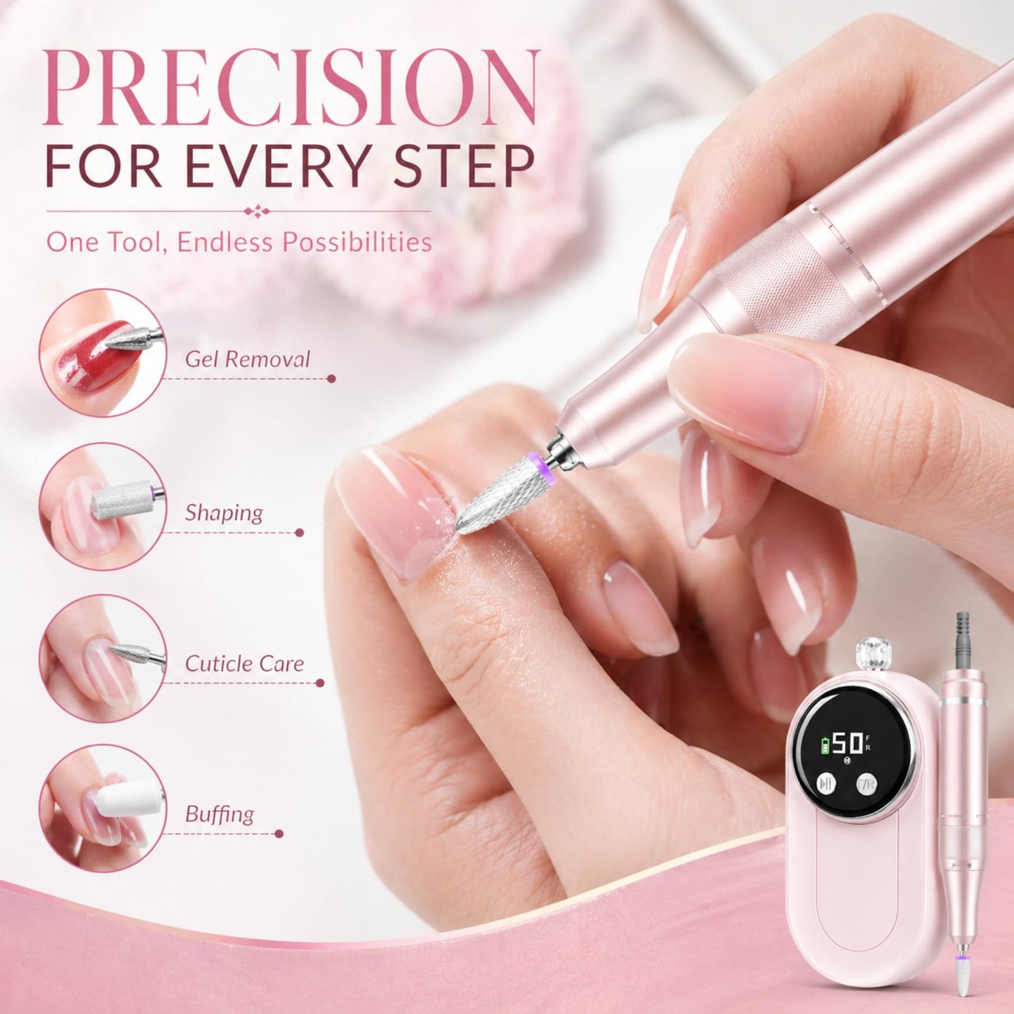 FLORAVIC High Speed Nail Drill for Acrylic Removal, 50,000 RPM Pro E-File with LCD, Bits Kit & Anti Slip Pad, MG101L Quick Gel Removal, Precise Shaping, Portable for Nail Art Practice & Salon Use