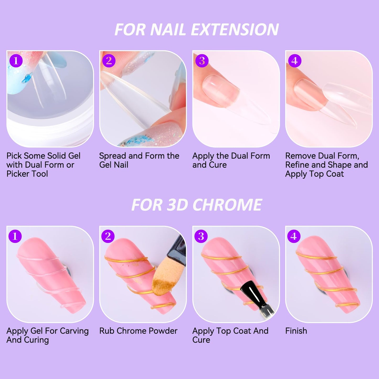 Makartt 3D Gel Nail Art for Nails Starter Kit: Clear and White 3D Sculpting Gel Non-Sticky Molding Carving Glue Extension Builder DIY Manicure Gold & Silver Chrome Powder Solid Soak Off Hard Gels