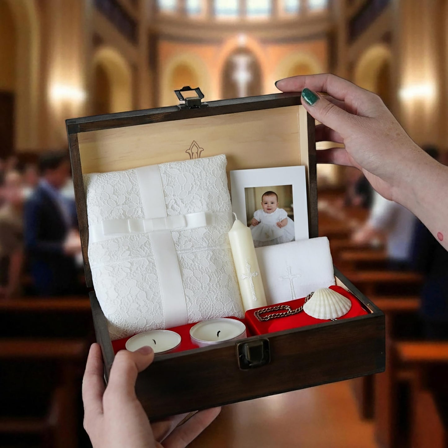 Engraved Baptism Memory Box – Wooden Keepsake Box for Christening Gifts, Baby Dedication, or First Communion – Medium Size – Dark Walnut Finish – 8.5 x 6 x 3 in