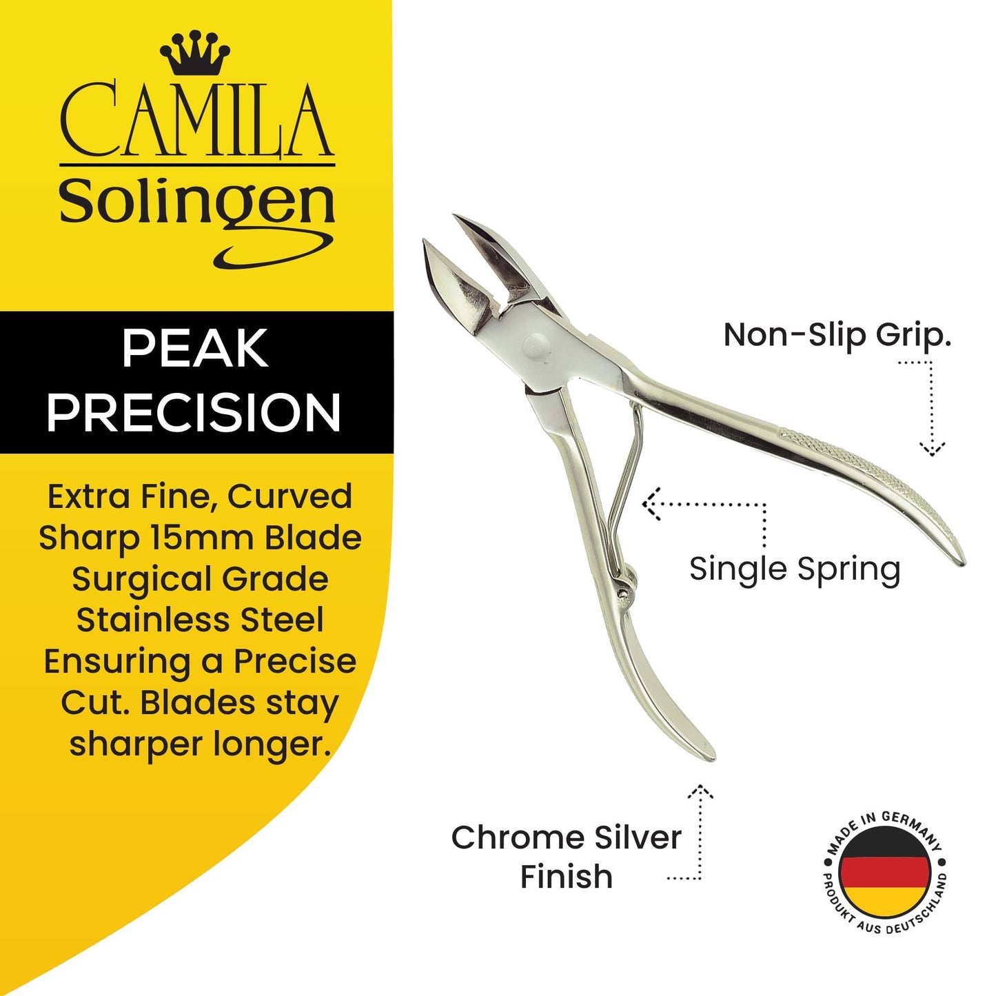 Camila Solingen CS12 Professional 4" Fingernail Toenail Nipper/Clipper/Cutter for Manicure/Pedicure. Heavy Duty Precision Super Sharp Curved Carbon Steel 15mm Blade from Solingen Germany (Silver)