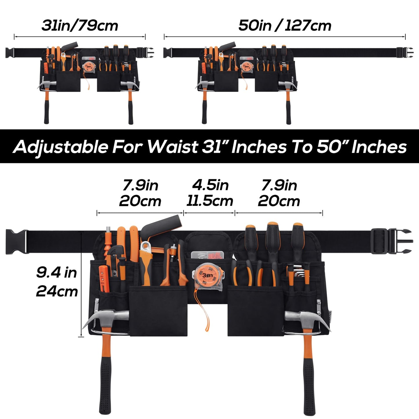 Gifts for Men,19 Pocket Tool Belts with Quick Release Buckle- Heavy Duty Detachable & Adjustable Utility Belt,Work Apron for Men and Women,for Electrician,Carpenter,Construction Tool Belt (Black)