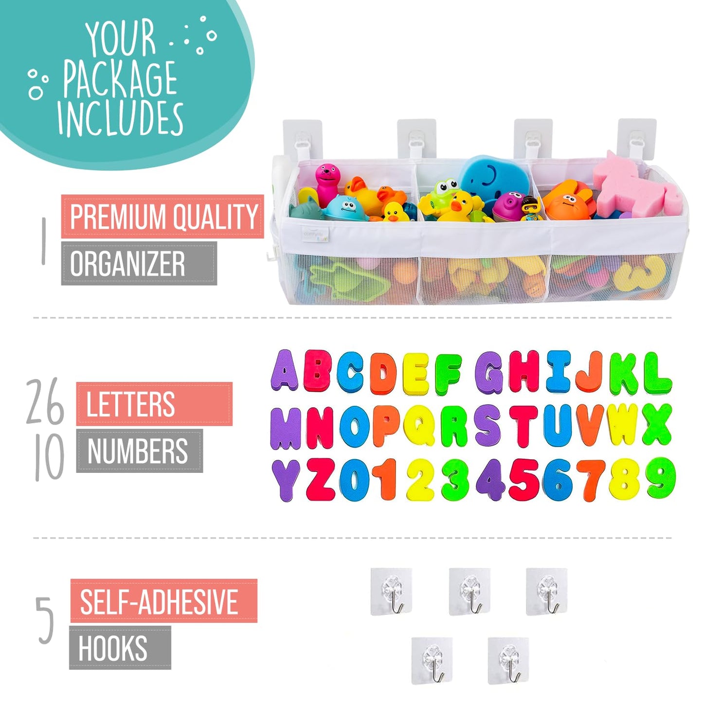 Comfylife Large Bath Toy Organizer with Letters and Numbers – 3 Compartment Bath Toy Holder for Bathtub & Shower – Quick-Dry Mesh with 4 Strong Adhesive Hooks
