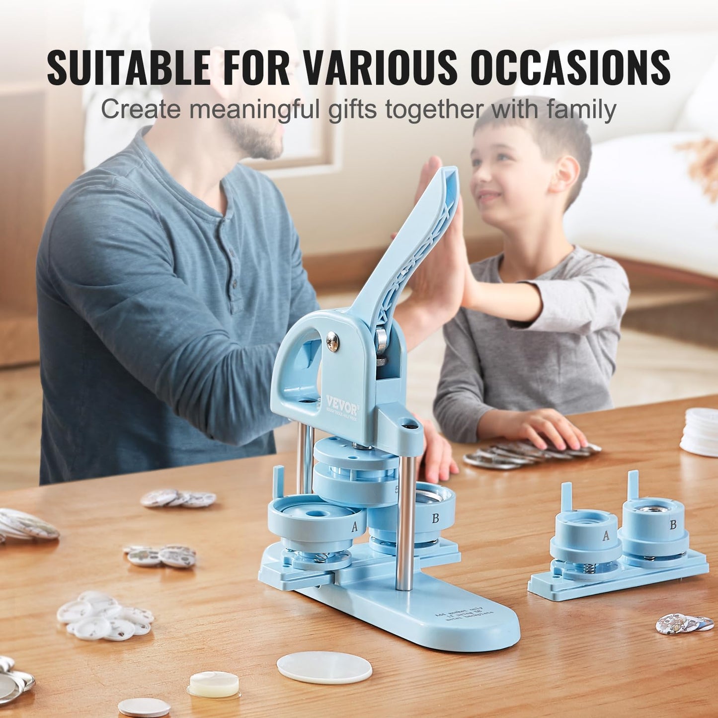 VEVOR Button Maker, 1/1.25/2.28 inch(25/32/58mm) 3-in-1 Pin Maker, 300pcs Button Parts, Ergonomic Arc Handle Punch Press Kit, Button Maker Machine with Panda Magic Book, for Children DIY Gifts, Blue
