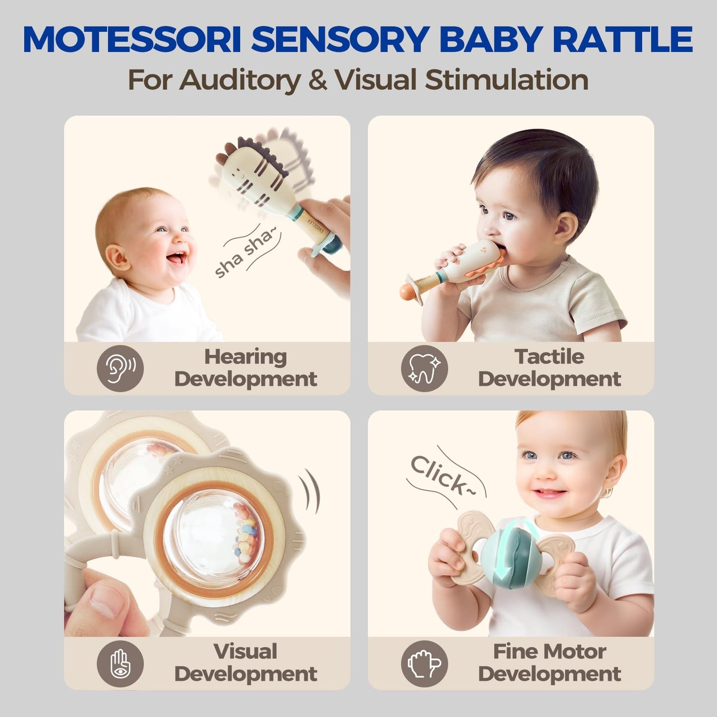 Evoceler Softness Staged Baby Teething Toys with Rattles for 0-6 Months (30° Super Soft, 50° Soft, 70° Regular) -10 Pcs Shaker Toys, Food-Grade Silicone Teethers for Babies 0-18+ Months, BPA Free