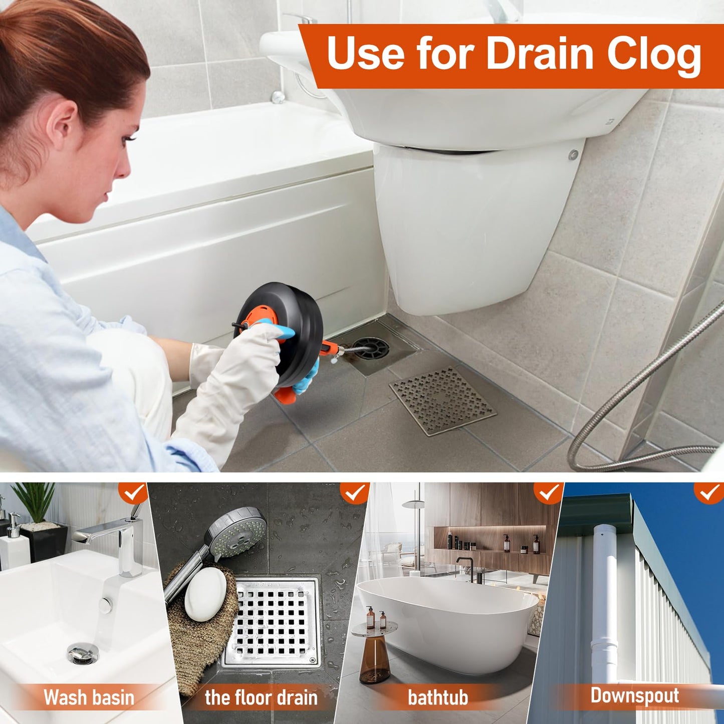 KINGLEV Drain Snake, 50ft Flexible Steel Drain Auger With Drill Adapter, Heavy Duty Sink Plumbing Unblocking Hand Auger, Manual Or Powered for Shower & Bathtub Clogs-No auto retract or feed