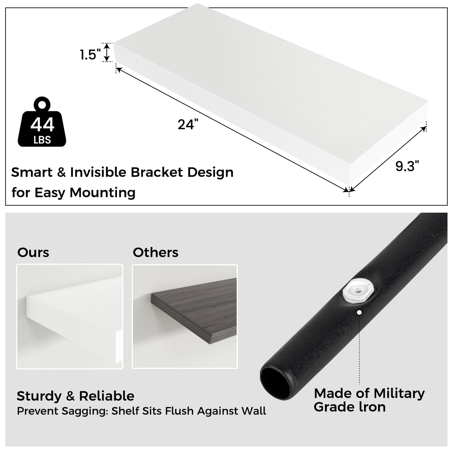 Venusmiles Floating Shelves for Wall, Engineered Wood Wall Shelves with Invisible Brackets for Living Room Bedroom Bathroom Office Kitchen Decor and Storage (White, 24" W x 9" D x 1.5" H) Set of 2