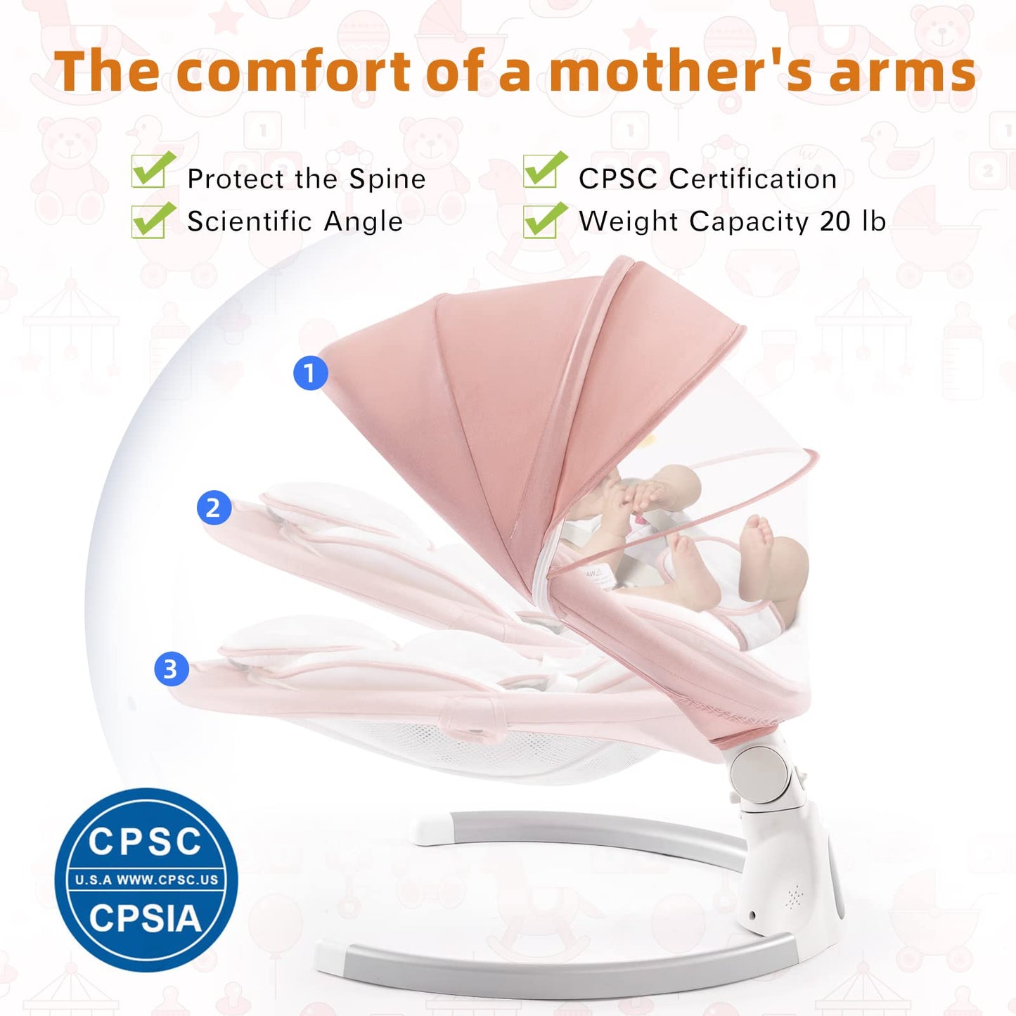 Baby Swing for Infants,Comfort Cradling Baby Rocker Portable Newborn Swing with Music/Remote Control/Timing Function,Pink