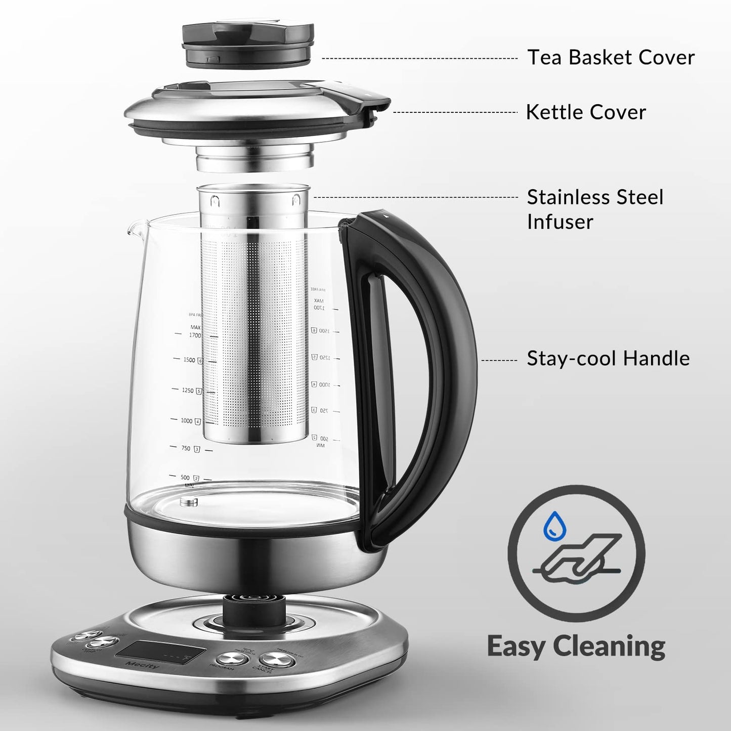 Mecity Electric Tea Kettle Borosilicate Glass Tea Maker With Temperature Control and Infuser - LCD Display and Preset Brewing Programs - 1.7 Liter Water Boiler