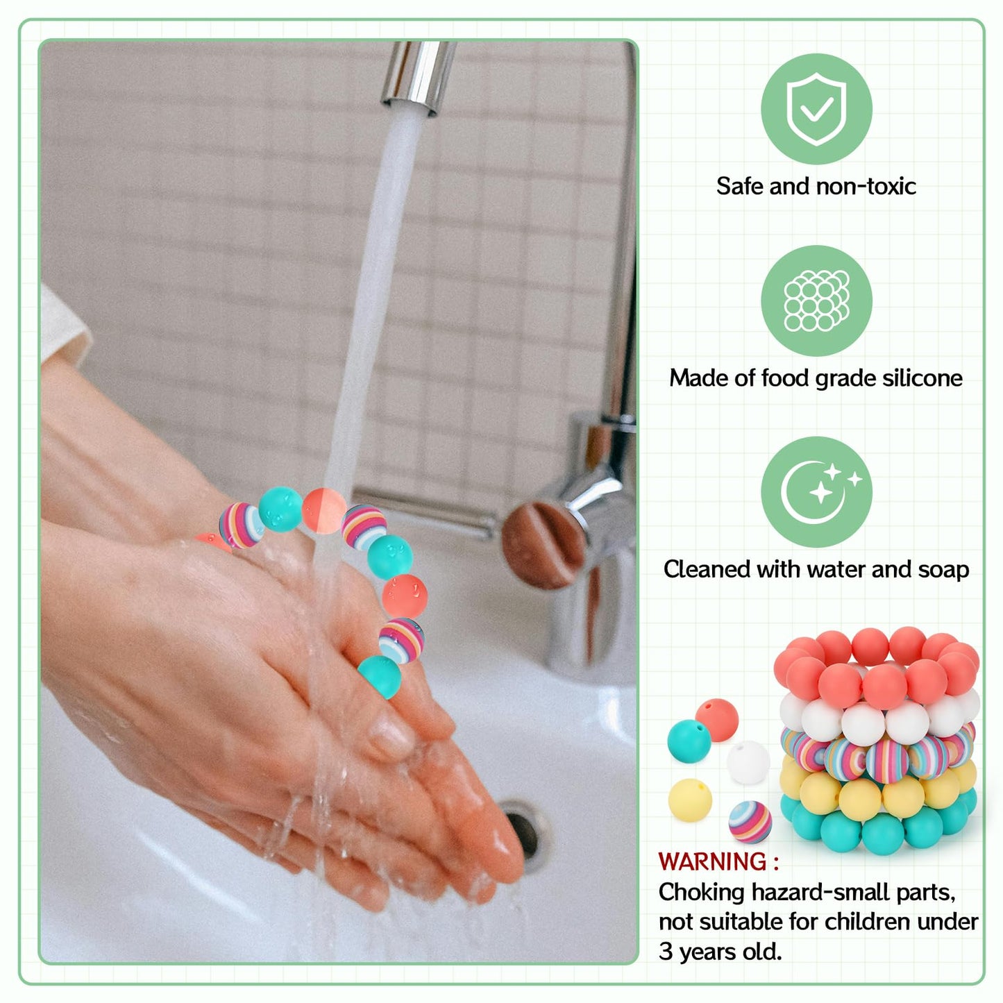 SALUOKE 100 Pcs 15mm Silicone Beads for Keychain Making, Pink Gream Silicone Beads Bulk Round for Bracelets Pens Crafts Jewelry Making (Rainbow)