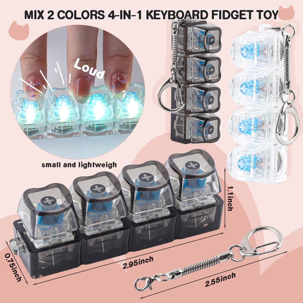 2 Pcs Keyboard Fidget Toy Light Up, Heart Shape Clicker Keyboard Fidget Keychain, Black White 4-in-1 Loud Stress Relief Fidget Keyboard for Adult Anxiety Decompression