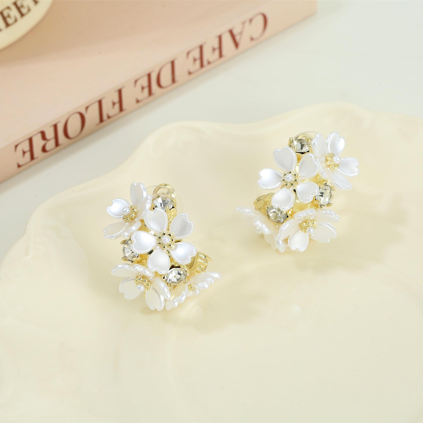 Xalroco Gold Statement Leaf Rhinestone Stud Earrings, Gold Flower Filigree Dangles, Pink/Purple/Yellow Flower Acrylic Earrings (white)