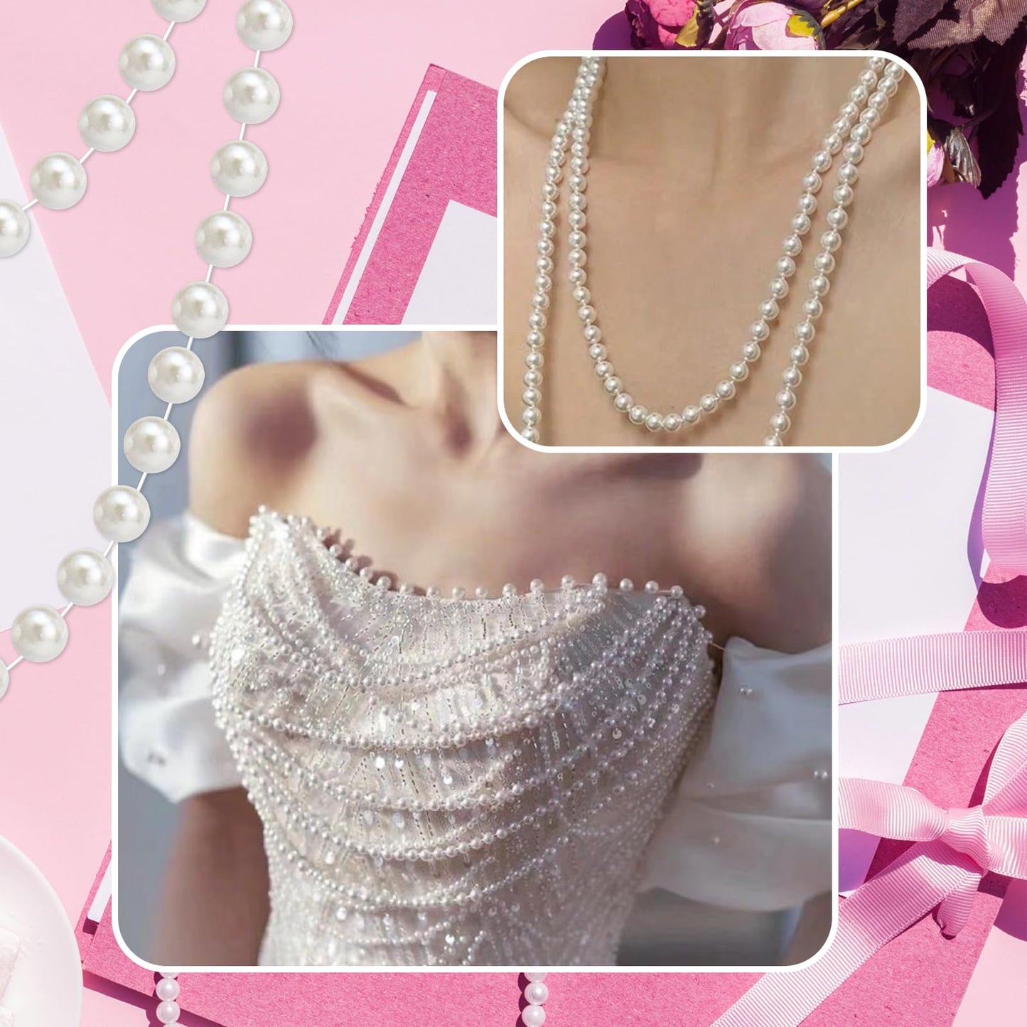 Towenm 99 Feet 6mm Pearl Strings Garland for Crafts, Artificial Pearl Beaded Trim Chain Roll Strands for Wedding Centerpieces Bouquet Party Decoration Christmas Tree Garland, White