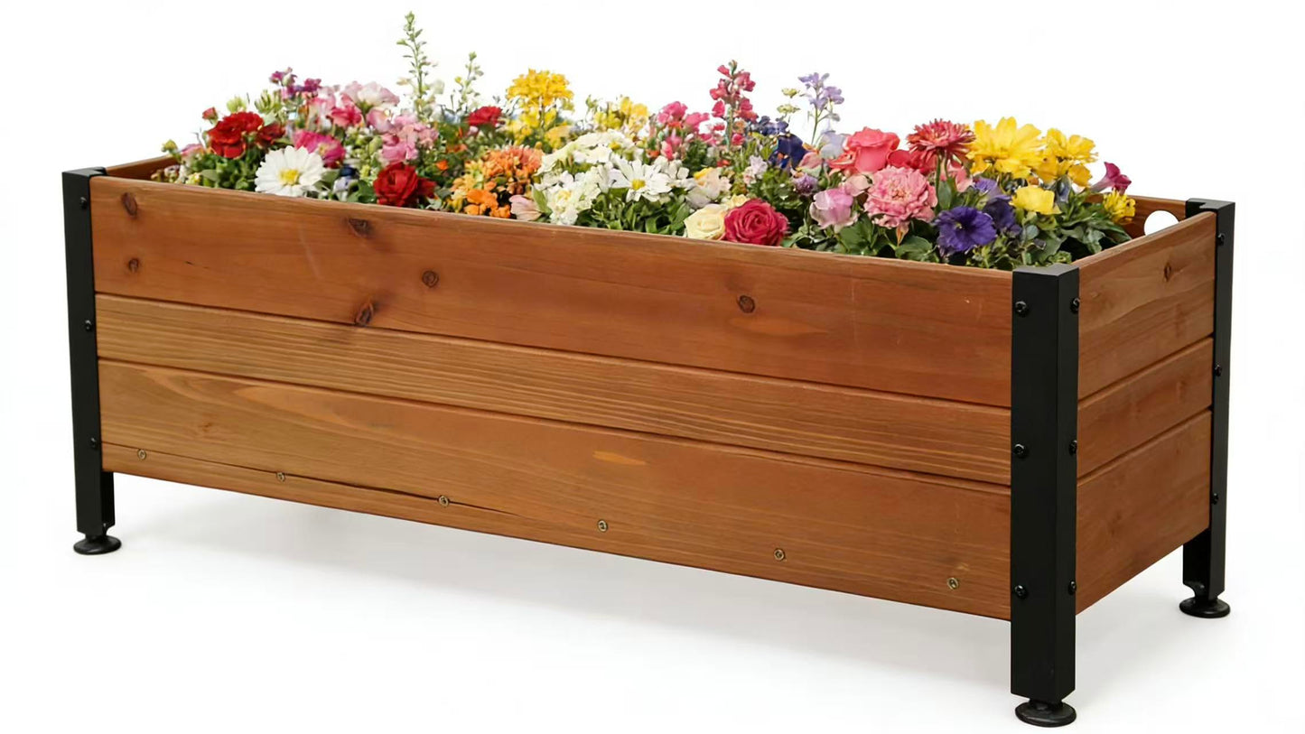 Borsynium Wooden Rectangular Flower Box with Short Iron Legs, Planting Bed for Flowers and Vegetables, Suitable for Garden and Balcony. Dimensions: 31.5×13.9×12.5 inches