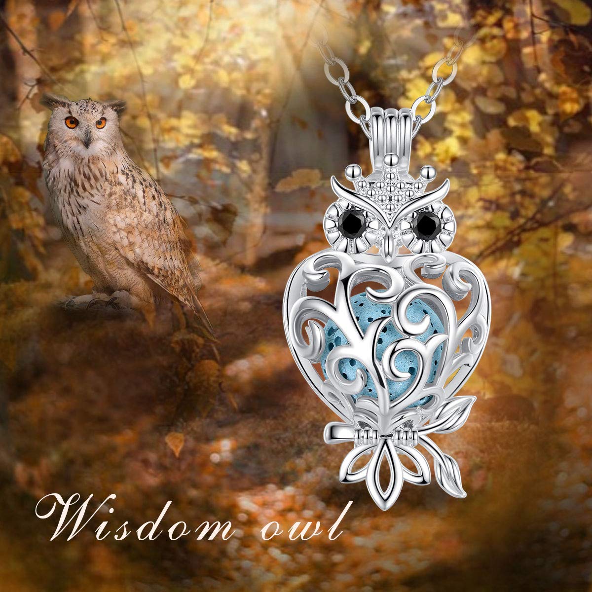 INFUSEU Owl Necklaces for Women Aromatherapy Essential Oil Diffuser Jewelry Lava Rock Stone Pendant Spiritual Animal Items Unique Aroma Perfume Gifts for Owl Lovers Meditation Yoga
