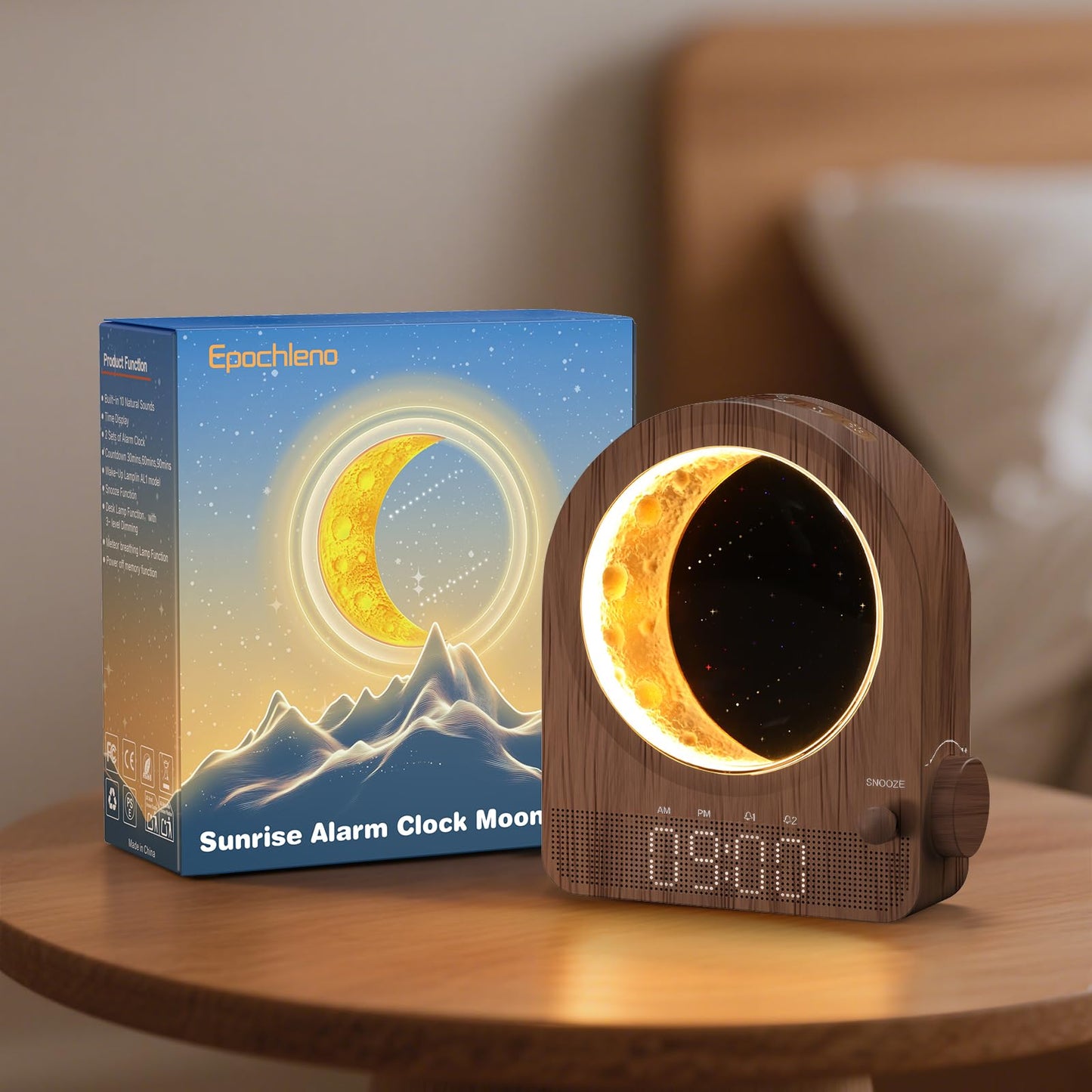 Epochleno Sunrise Alarm Clock, White Noise Machine & Meteor Moonlight - 10 Soothing Sounds, Dual Alarms, 30/60/90min Timer, Easy Snooze - Bedroom Gift for Insomnia Adults/Women - Walnut