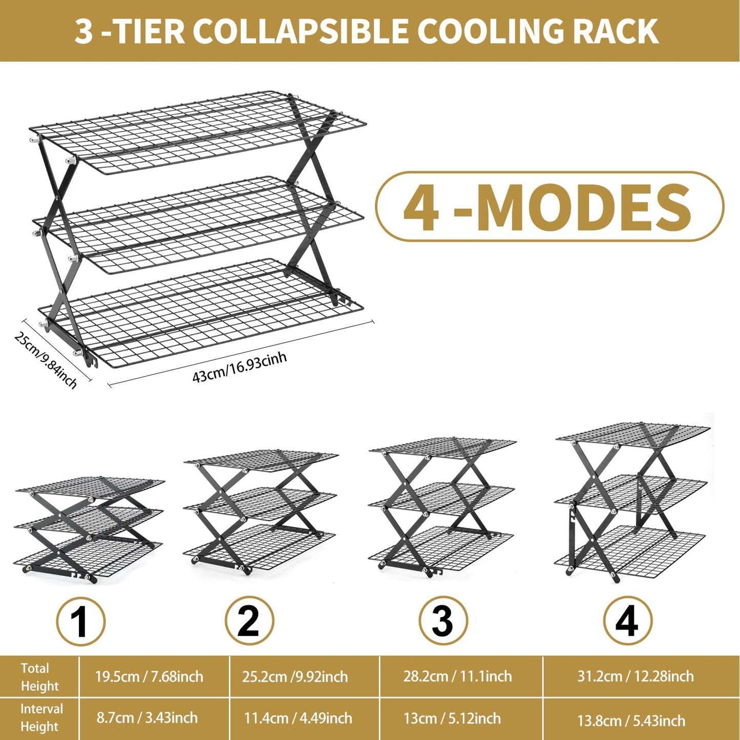 3-Tier Stackable Cooling Rack for Baking, Collapsible Wire Cookie Rack with Adjustable Heights, Non-Stick Roasting & Drying Rack for Cupcakes, Pies and Pastries, Space-Saving Kitchen Essential