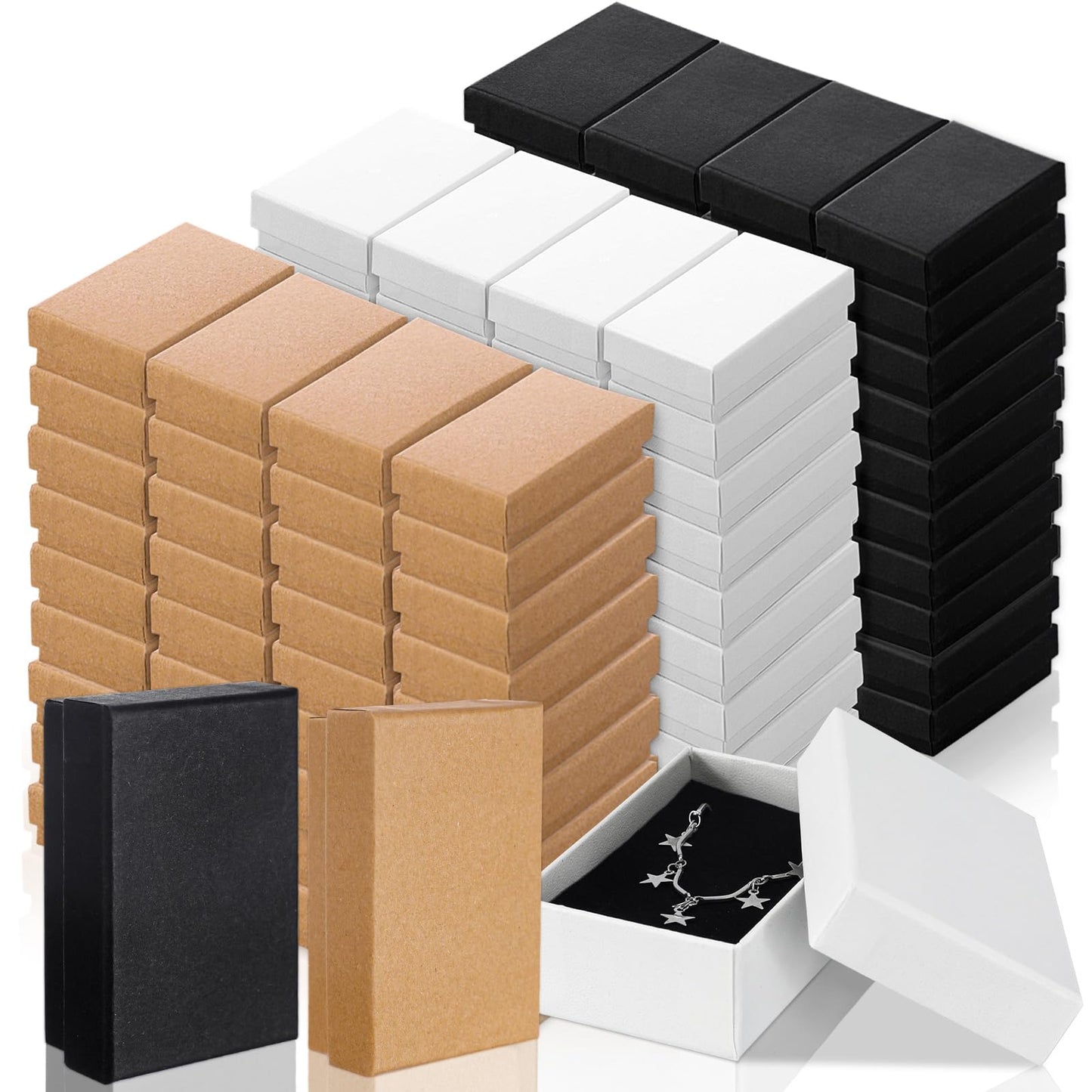 Tenceur 100 Pcs Valentines Jewelry Gift Boxes Bulk Kraft Jewelry Cardboard Box for Necklace Earring Bracelet Storage Package(Brown, White, Black,3.2x2x1.2in)