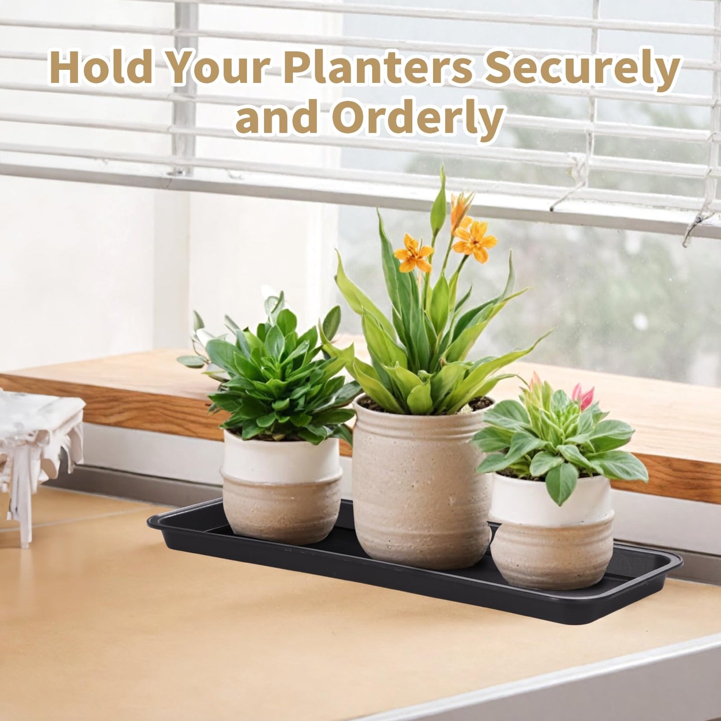 OMISTAR 5 Pcs Plastic Plant Drip Trays 16 Inch, Rectangular Plant Saucer, Black Saucer Pans with Small Digging Tool for Indoors Outdoors, 15.7 x 5.9 x 0.7 Inch