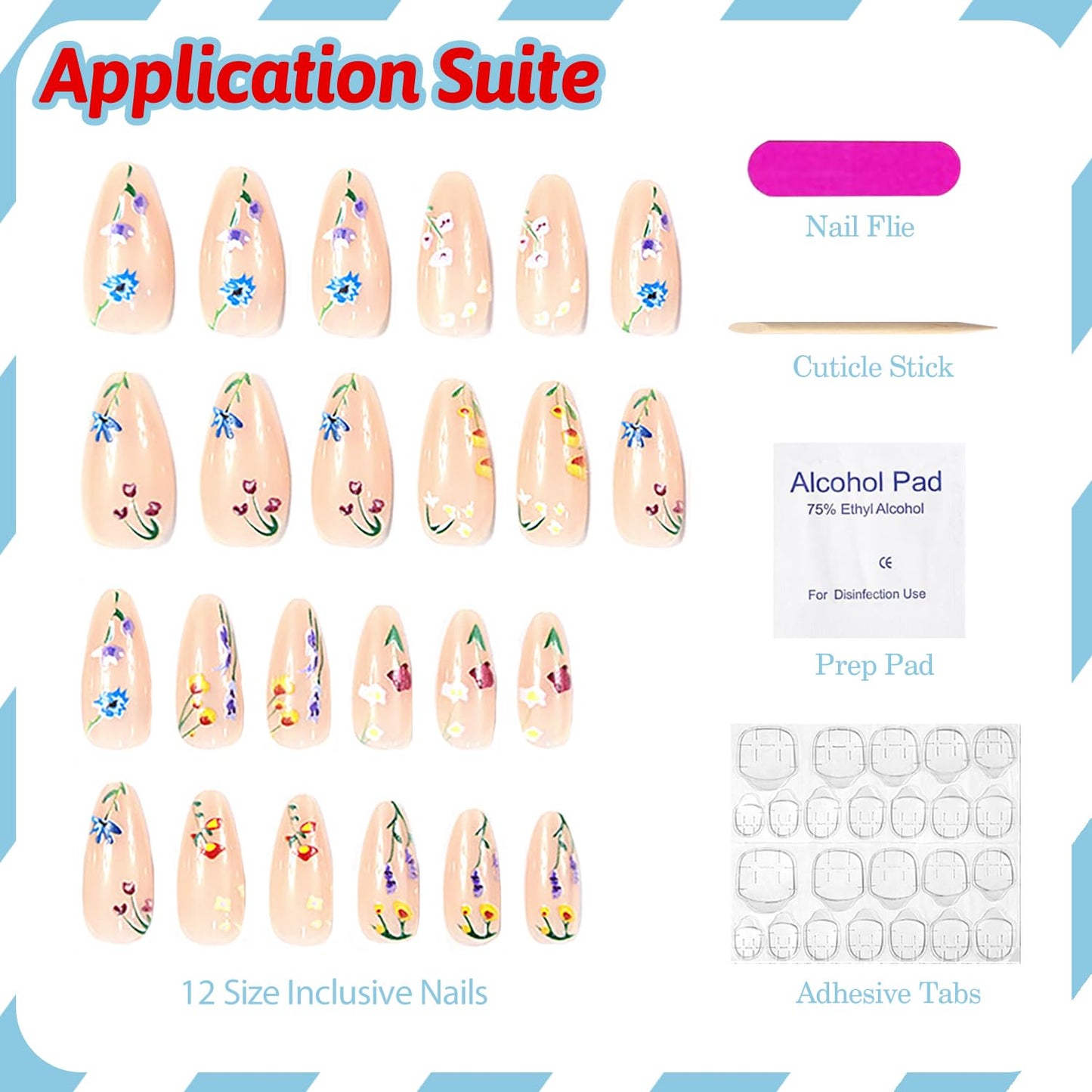 Medium Almond Press on Nails Fake Nails Flower False Nails with Floral Designs Nude Pink Glossy Glue on Nail Full Cover Spring Summer Acrylic Nails for Women Girls 24Pcs