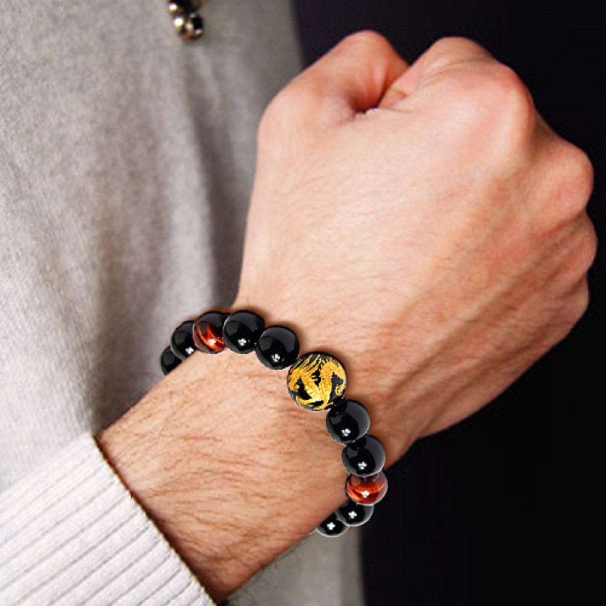 16mm Yellow Tiger Eye Stone Dragon Pattern Bold Wrist Bracelets, Natural Lava Rock Black Beads Elegant Design Bracelets for Men, Charming Crystal Black Men's Bracelet Beads Set for Layered Looks