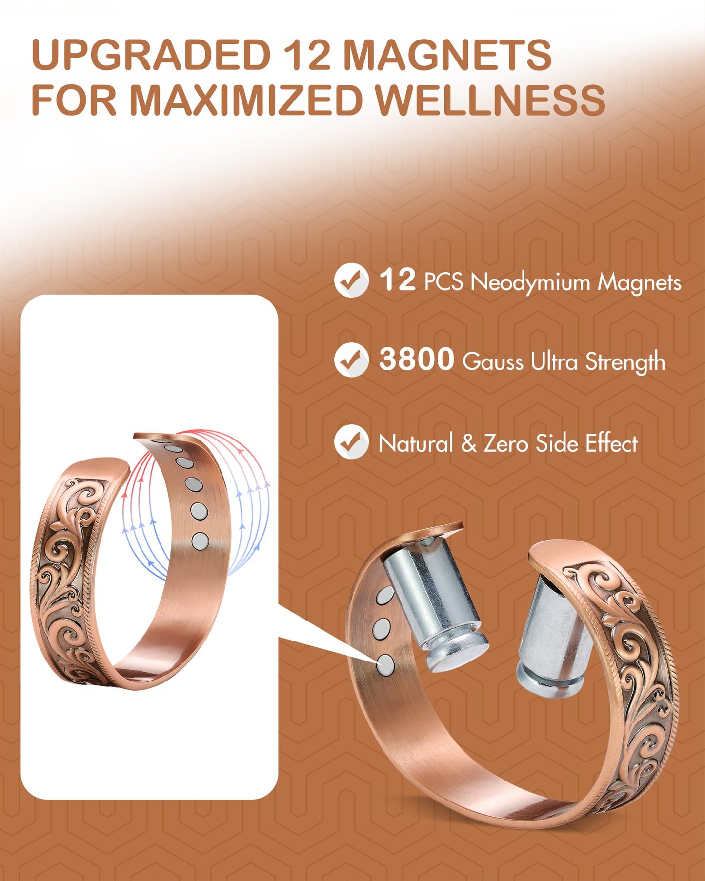 Feraco Copper Magnetic Bracelets for Men Women with Magnets, Tree of Life Pattern, 99.99% Pure Solid Copper Cuff Bangle, Health Jewelry Gift (Acanthus)