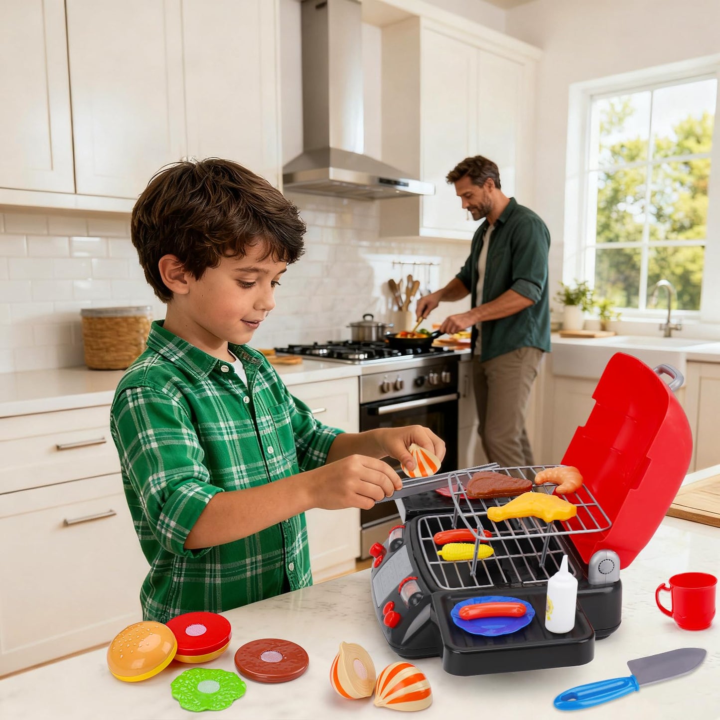 Kids Play Food Grill with Pretend Smoke Sound Light Kitchen Playset BBQ Accessories Camping Cooking Set Barbecue Toddler Girl Boy Toy 2 3 4 5 6 Year Old 4-8 Birthday Kid Toy Idea
