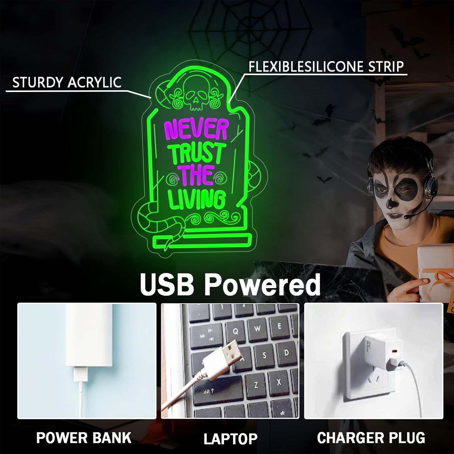 Never Trust The Living Neon Sign Led Sign for Wall Decor Dimmable USB Powered Letters Light Up Sign For Party Chamber of Secrets Script killing Terror House Man Cave Decor