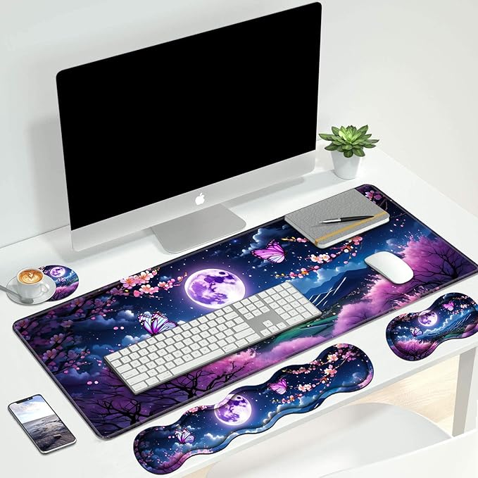 4 in 1 Ergonomic Keyboard Wrist Rest & Mouse Pad Wrist Rest Set, Large XXL Gaming Desk Mat 31.5"x 11.8" with Non-Slip Base, Memory Foam for Home Office Study Gaming, Moon Cherry Blossom Butterfly