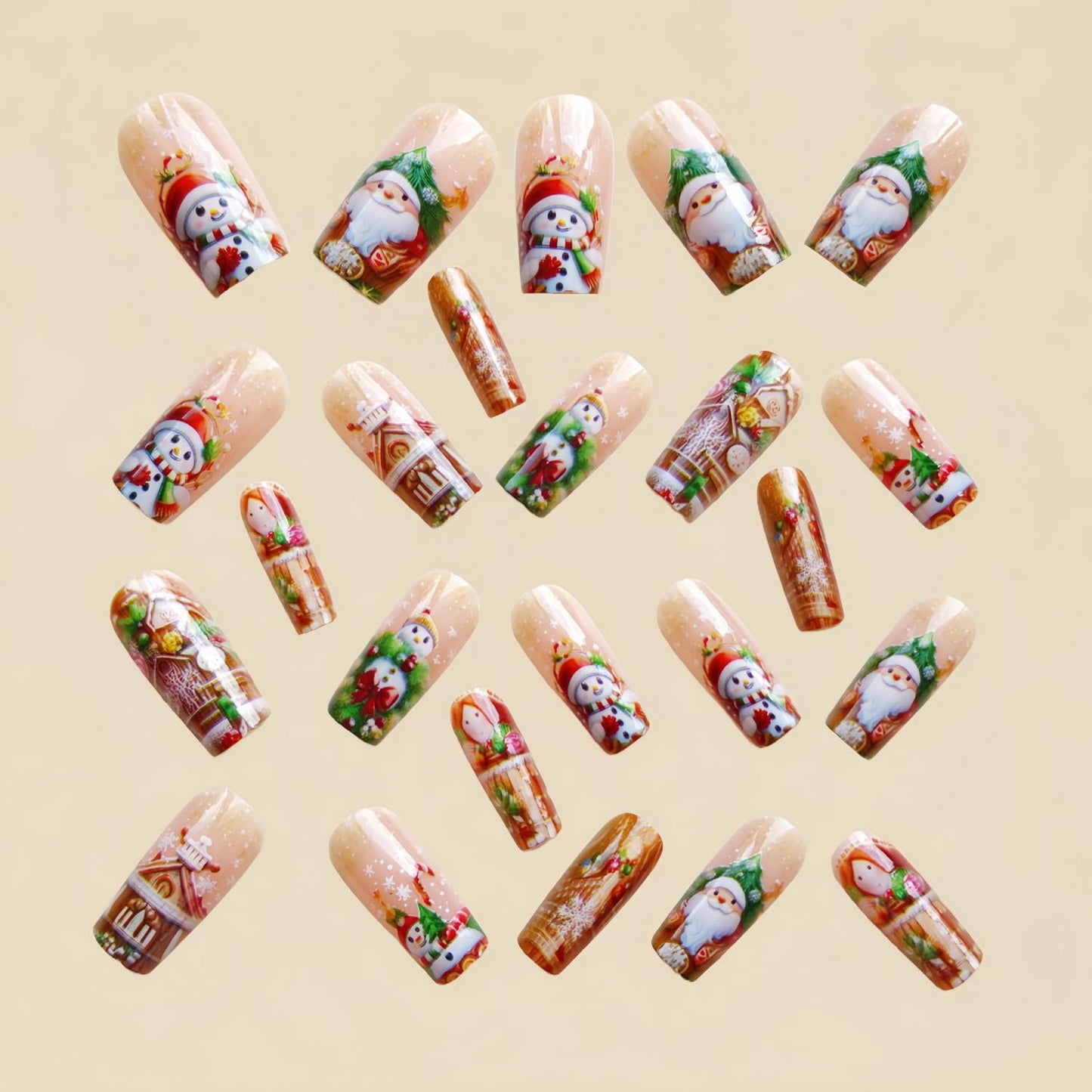 24pcsChristmas Press on Nail Medium Length Long Square Fake Nails Gold designs Cute Snowman Snowflake Castle Pattern Stick on Nail Glossy Full Cover Xmas False Nails Reusable Glue on Nails for Women