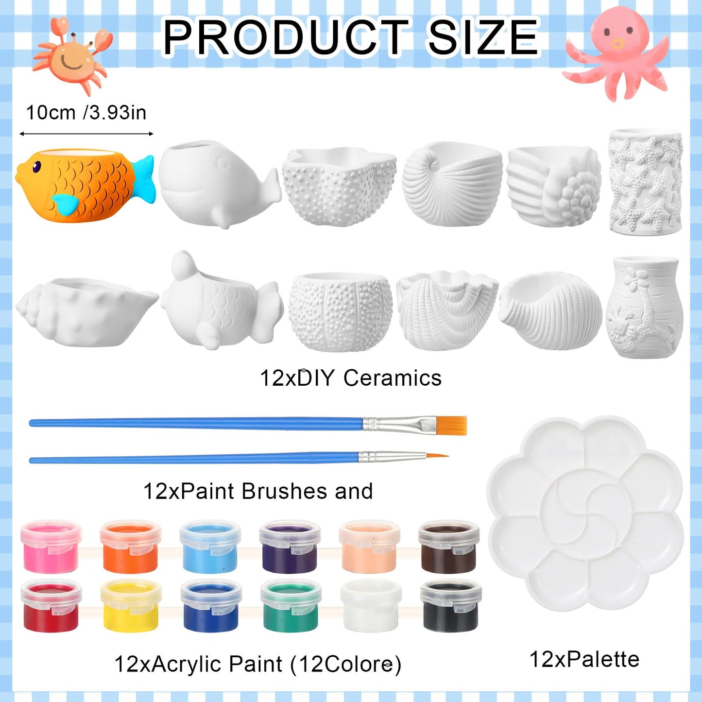 Hushee 12 Sets Ceramic Succulent Planters Paintable Succulent Plant Pots Small DIY Figurines Unpainted Pots with Drainage Hole Color Paints Paintbrushes Palettes(Sea Animals)