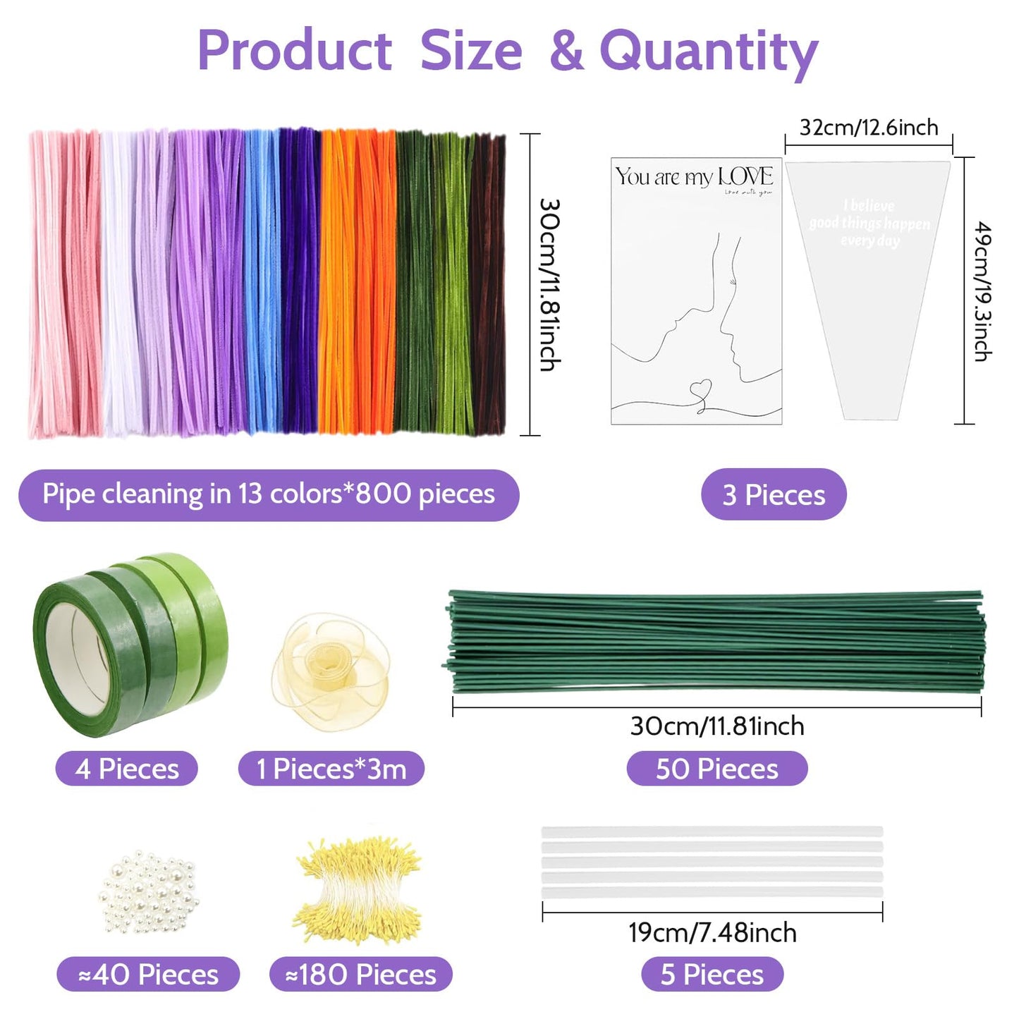 800 PCS Pipe Cleaners Craft, Pipe Cleaners Flowers Kit with Handle, 13 Colors Chenille Stems with Instruction, Art and Craft Supplies