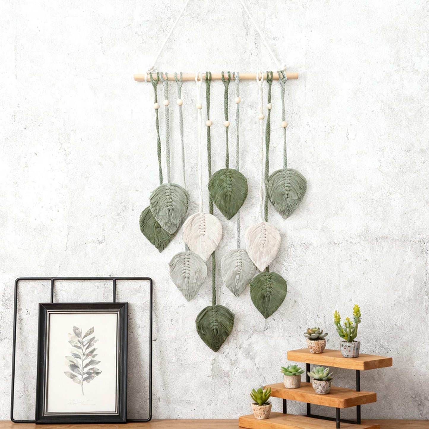 ZUDKSUY Boho Wall Hanging Decor, 16" x 35" Woven Leaves Tapestry with Feather & Yarn Tassels, Handmade Macrame Wall Art in Light Green for Living Room Bedroom Nursery