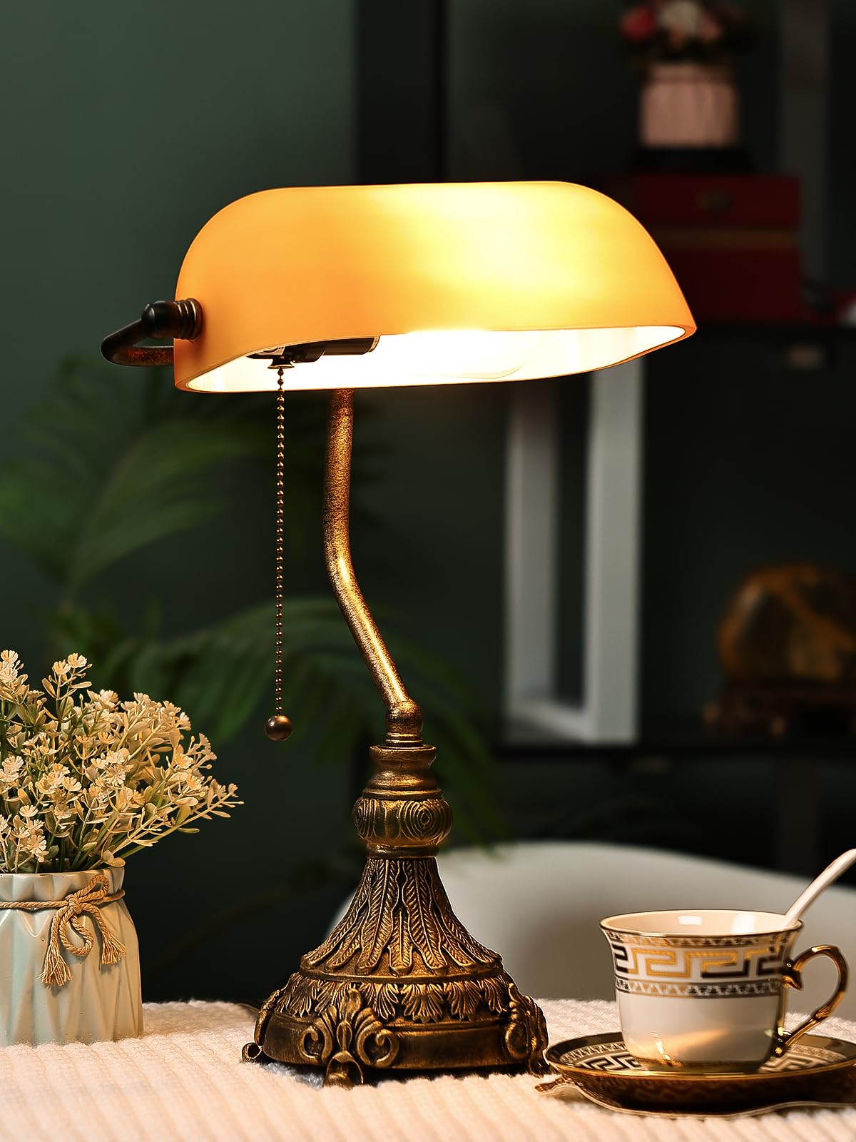 Newrays Vintage Amber Glass Bankers Desk Lamp for Home Office,Library with Pull Chain Switch Plug in Fixture, LED Bulb Included