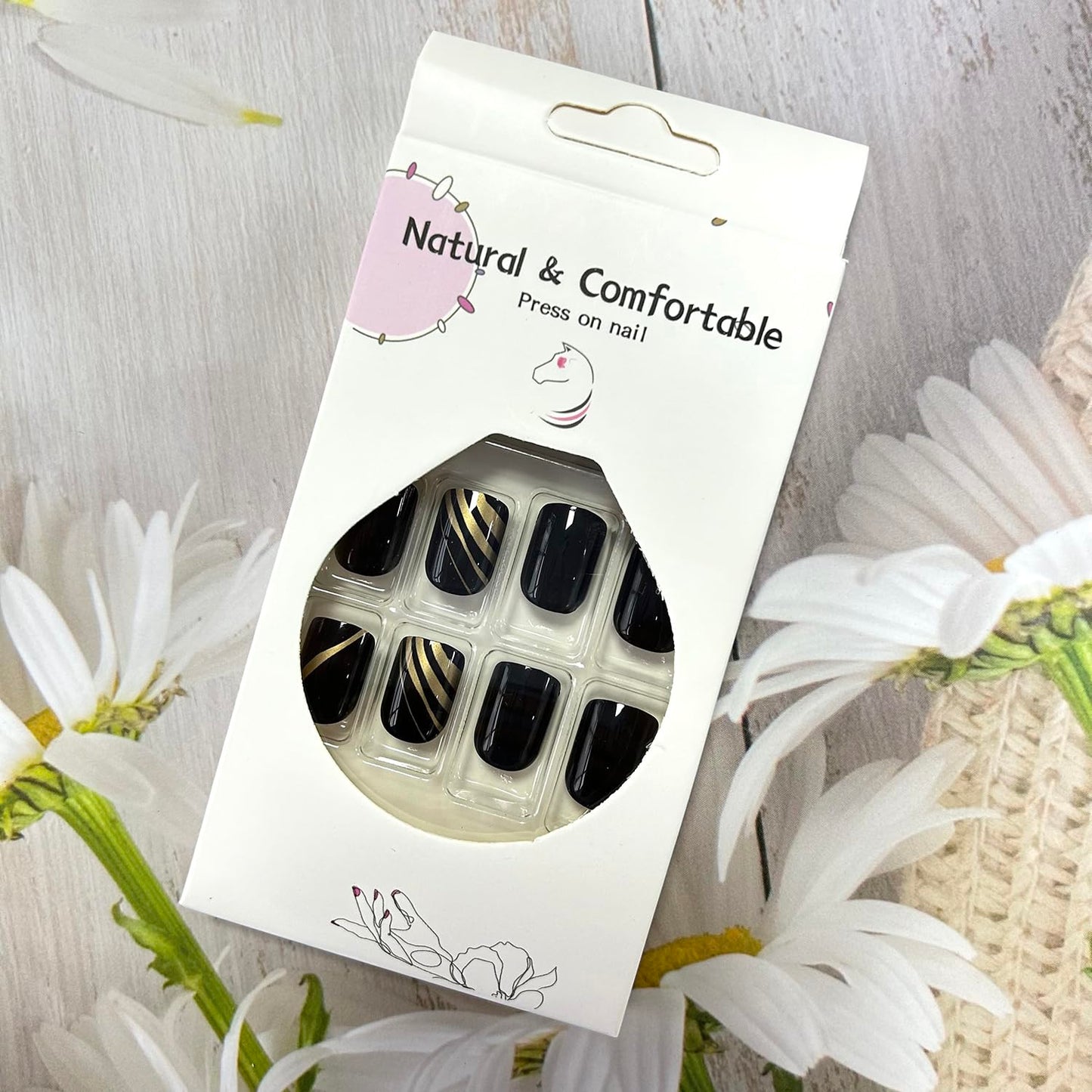 Press On Nails - Short Black False Nails with Gold Lines Design, Square, Full Cover, Glossy Acrylic, French Artificial, Reusable Glue on Nails for Women's Manicure Kit