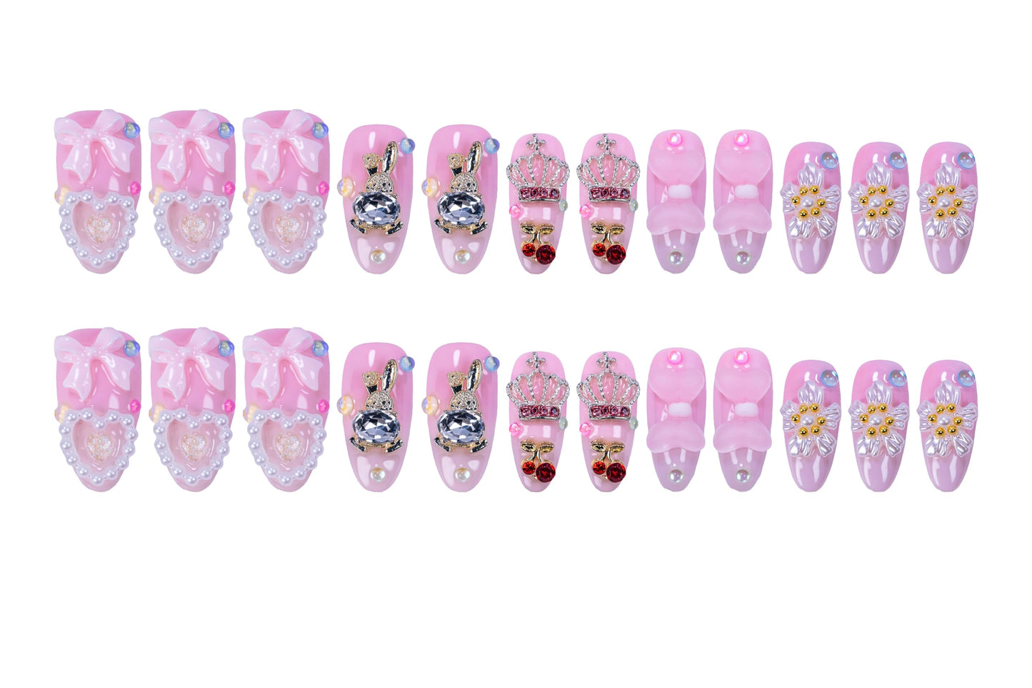 24Pcs Handmade Press on Nails,3D Pink Bow Medium Length Almond Shape Fake Nails with White Flower,Cute Manicure Kit for Women and Girls