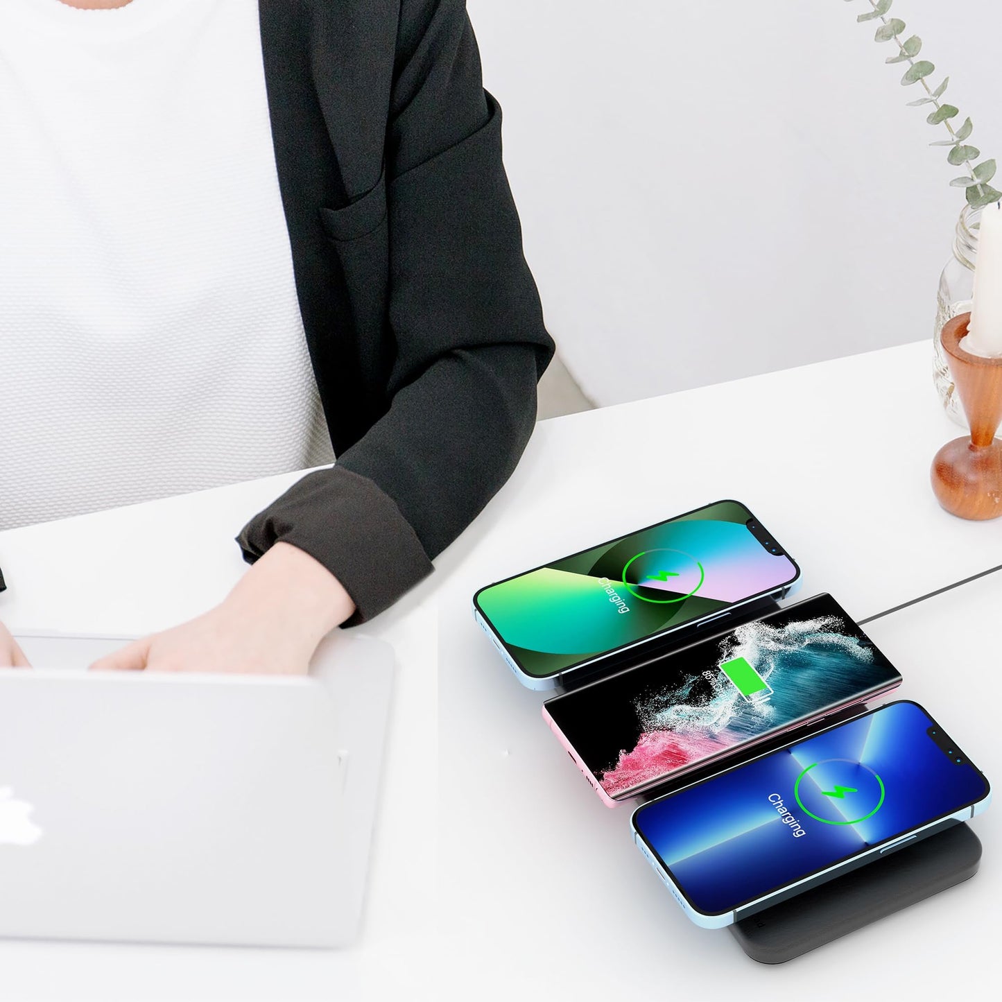 Triple Wireless Charger Pad - 15W Fast Charging Station for Apple iPhone 16/15/14/13/12 Pro/Max/Plus, AirPods, Qi-Certified 3-in-1 Charging Mat for Multiple Devices One-Step Wireless Charging Solution