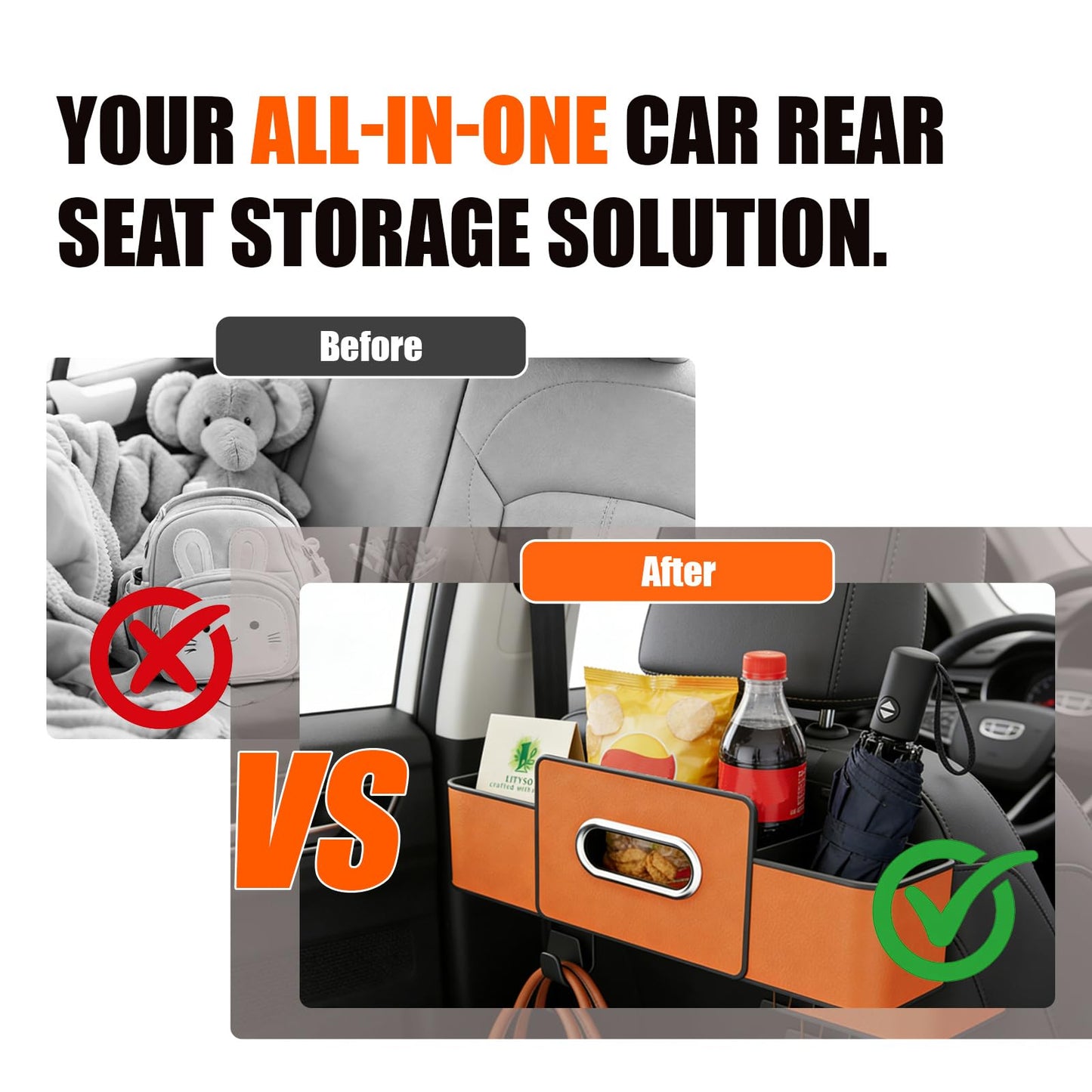 Lityso Backseat Car Organizer Storage Bag Seat Holder Cup Tissue Box Caddy Multifunction Rear Middle Hook Silicone Cover Trunk Hatchback Premium Automotive Universal(Black)