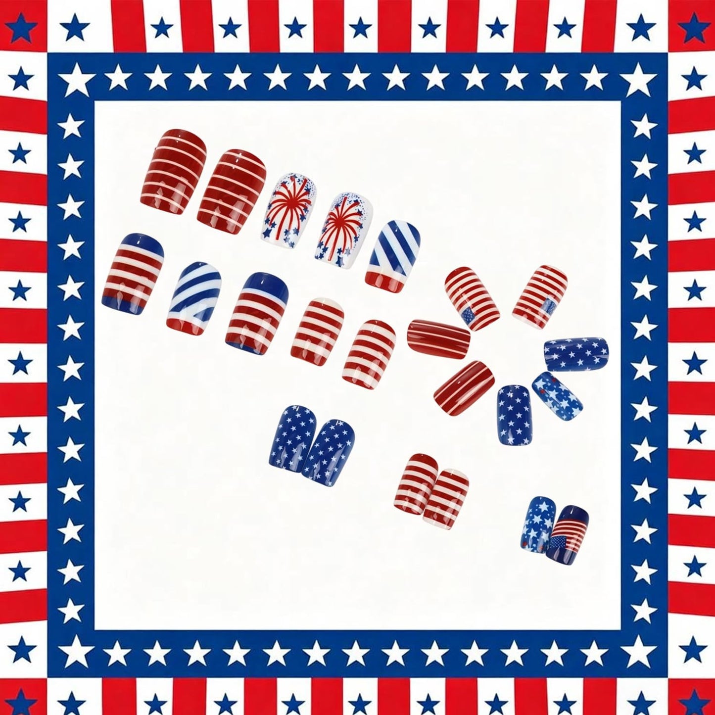 4th of July Press on Nails Medium Square Fake Nails American Flag with White Stars Acrylic Nail Independence Day Stick on Nail Reusable Glue on Artificial Fingernails for Women Holiday Manicure 24Pcs