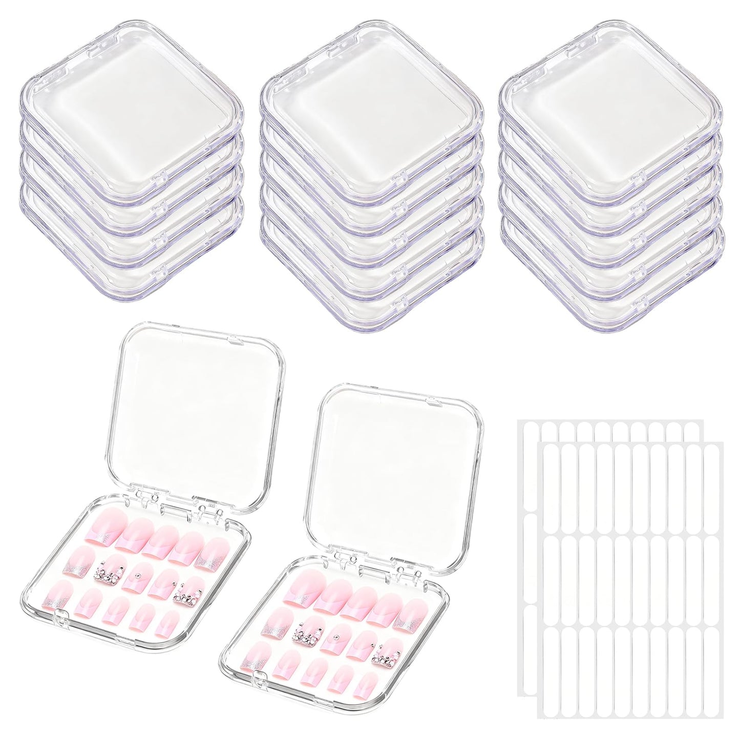 BMHHWAI 14Pcs Press On Nail Storage Box with 60Pcs Adhesive Double Sided Tape, Press on Nail Packaging Supplies False Nails Display Cases Boxes for Nail Art Salon Business(Clear)