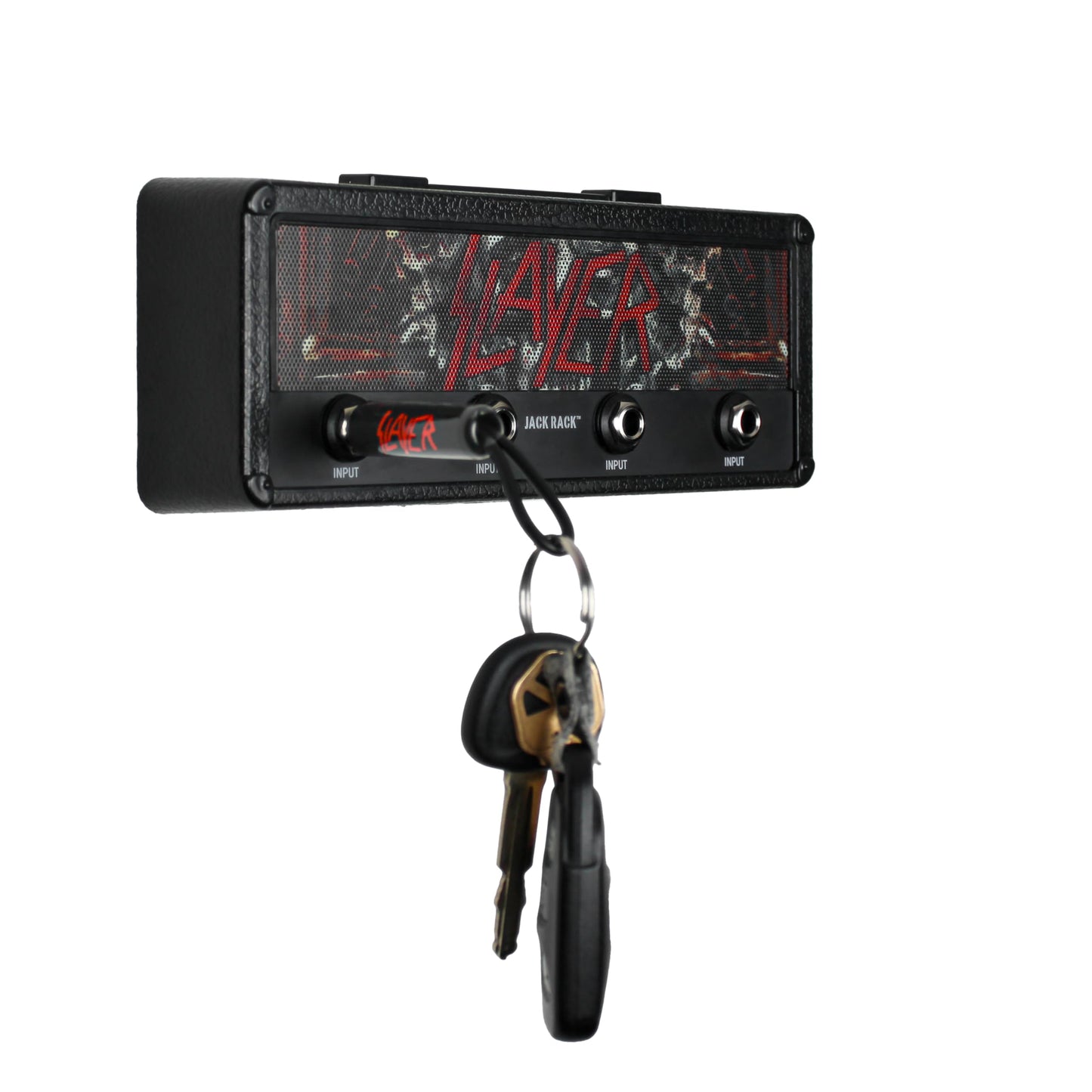 P Pluginz Jack Rack Wall mounting Key Hanger. Includes 4 Guitar Plug Keychains and Wall mounting Hardware. (Slayer)