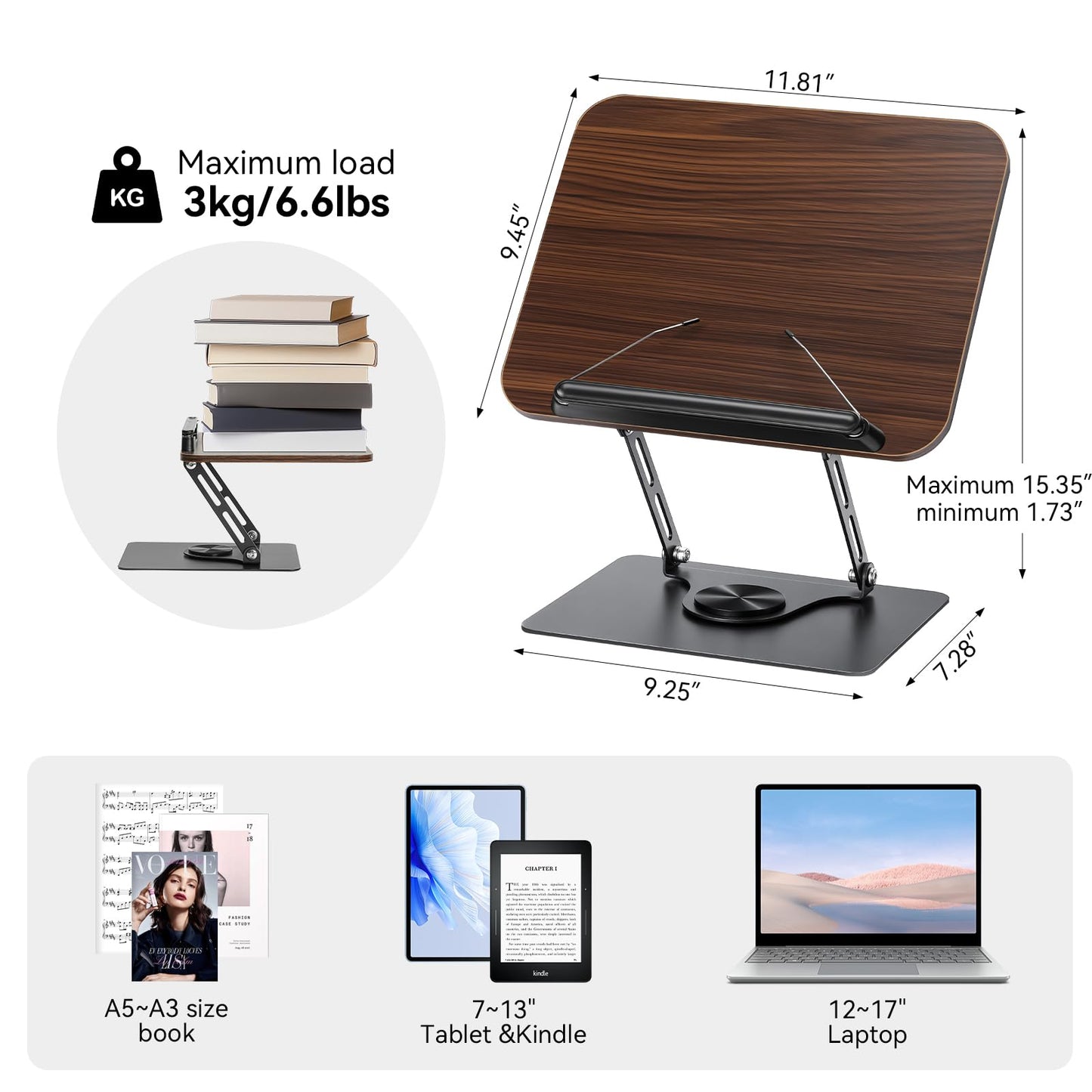360° Rotating Book Stand for Reading, Adjustable Foldable Book Holder for Reading, Cooking, Office, Compatible with Cookbooks, Textbooks, Tablets, Sheet Music, and Laptops (Black Walnut)