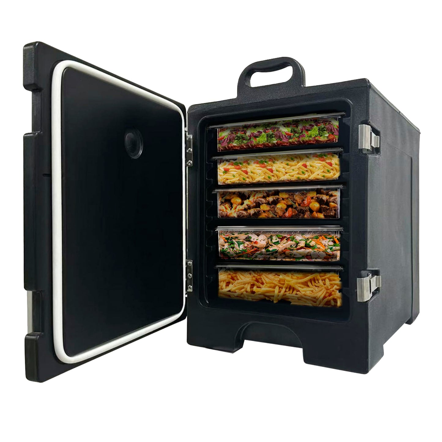 Pearington Commercial-Grade Insulated Food Pan Carrier for 5 Full-Size Pans, End-Loading Non-Electrical Stackable Hot Box Food Warmer with New Stainless Steel Latches, Black