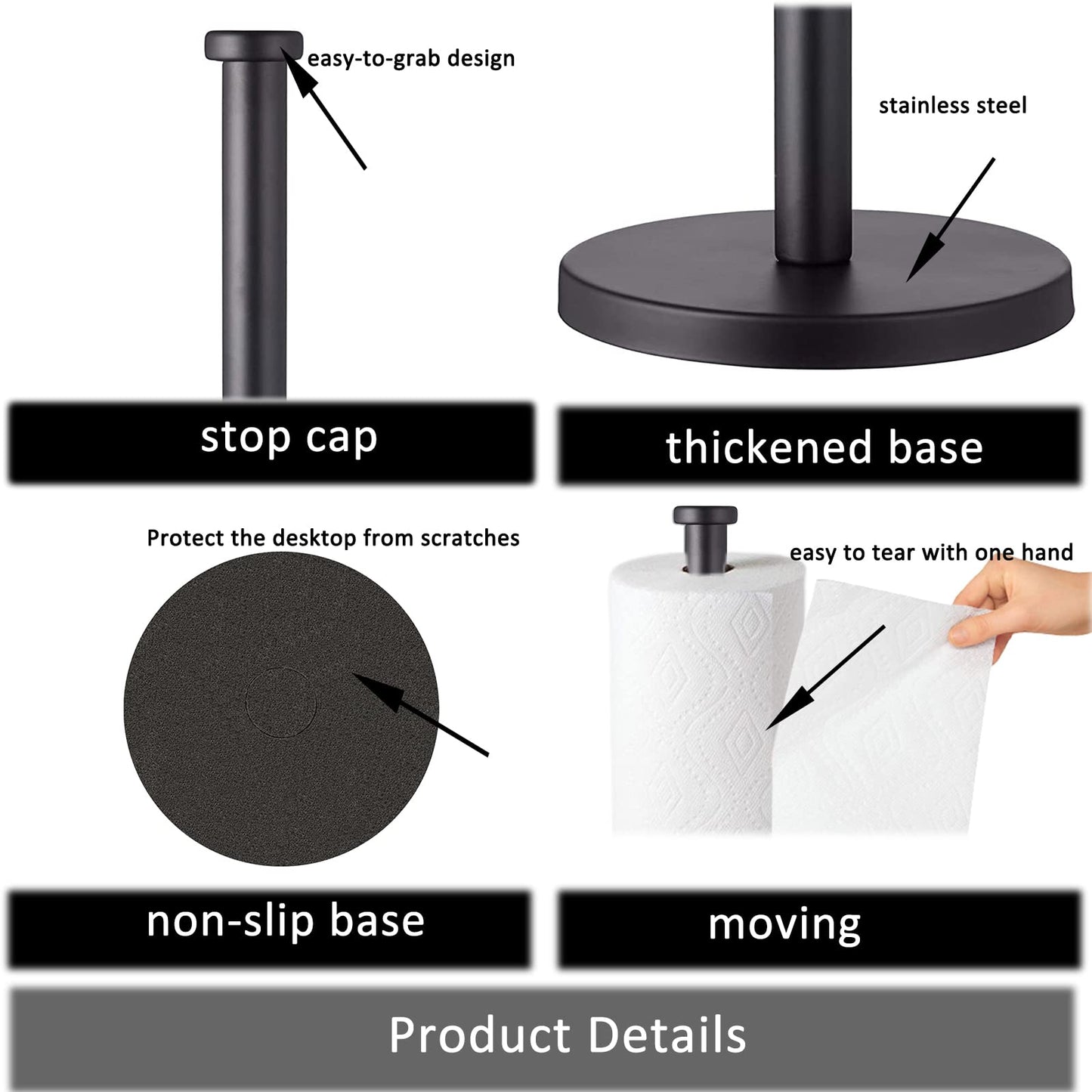 GWGTHZ Black Standing Paper Towel Holder for Kitchen& Bathroom Countertop,Under Counter, Table Or BBQ, Standard or Jumbo-Sized Roll Paper (with Stainless Steel Base)