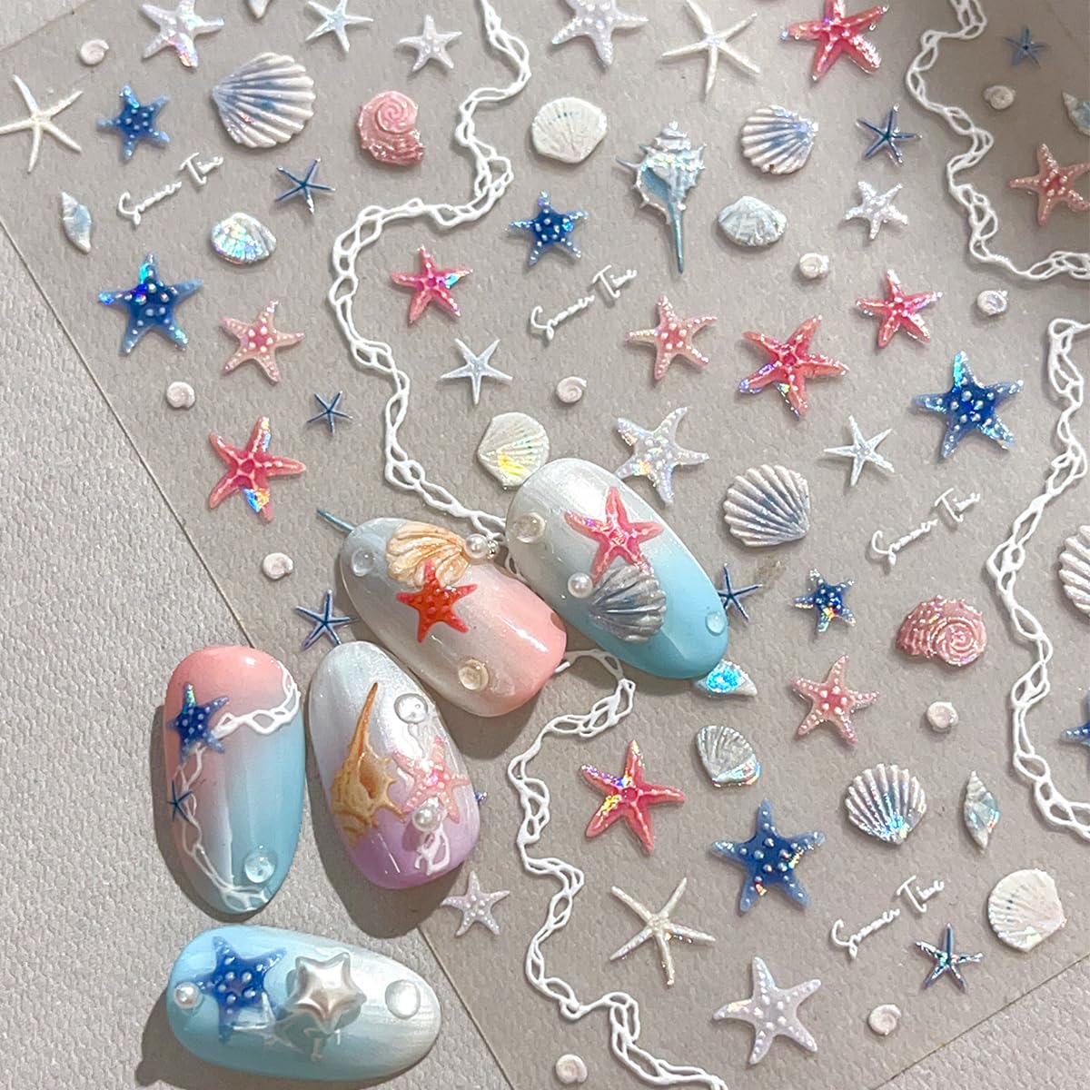 2 Sheets Summer Ocean Life Nail Stickers Beach Cute Seashell Starfish Conch Nail Art Stickers 5D Embossed Sea Theme Nail Decals with Shiny Light Design for Women Summer DIY Manicure
