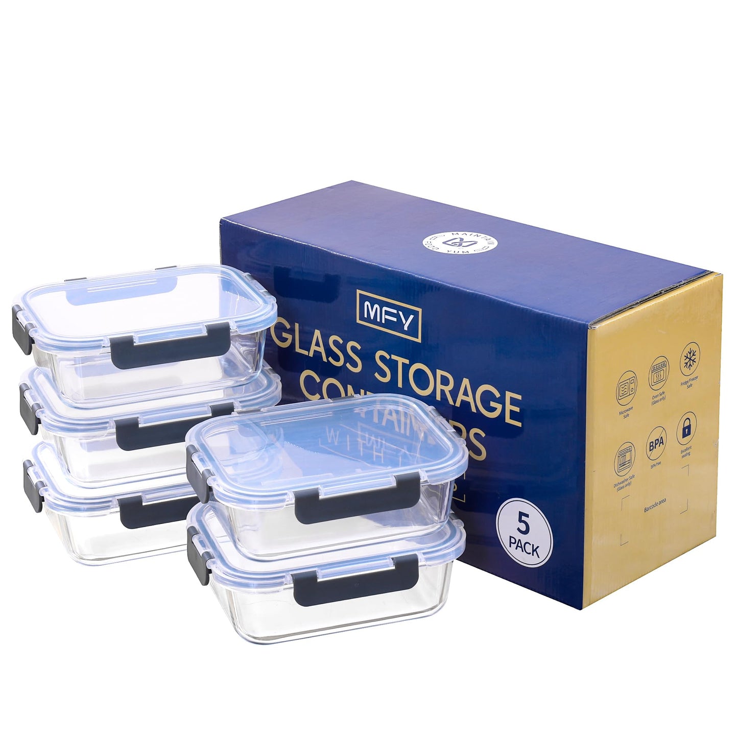 MFY 5-Pack 36 OZ Glass Storage Containers with Lids, Glass Meal Prep Containers Set, Airtight Lunch Containers with Lids, Microwave, Oven, Freezer and Dishwasher Safe, Gray